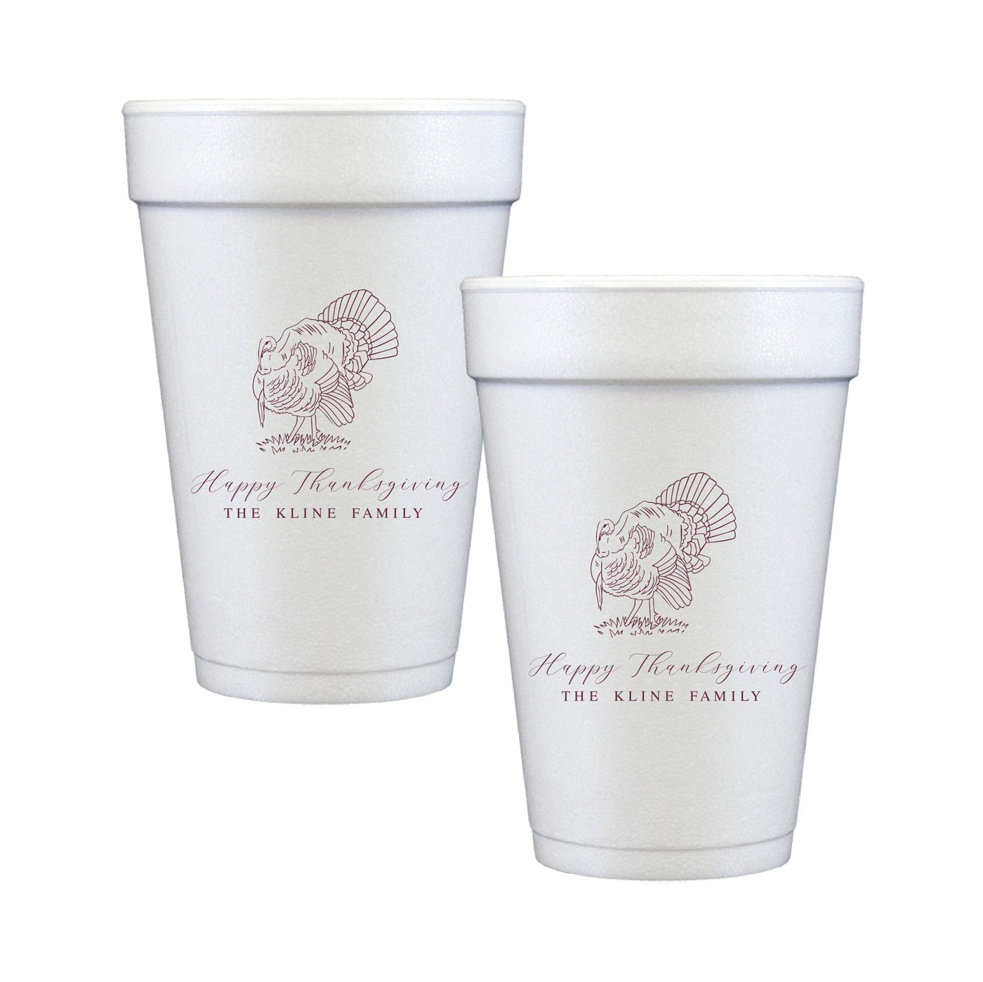 Two white foam cups in different sizes, featuring a detailed reddish-brown line art illustration of a turkey, ideal for a personalized Thanksgiving celebration.