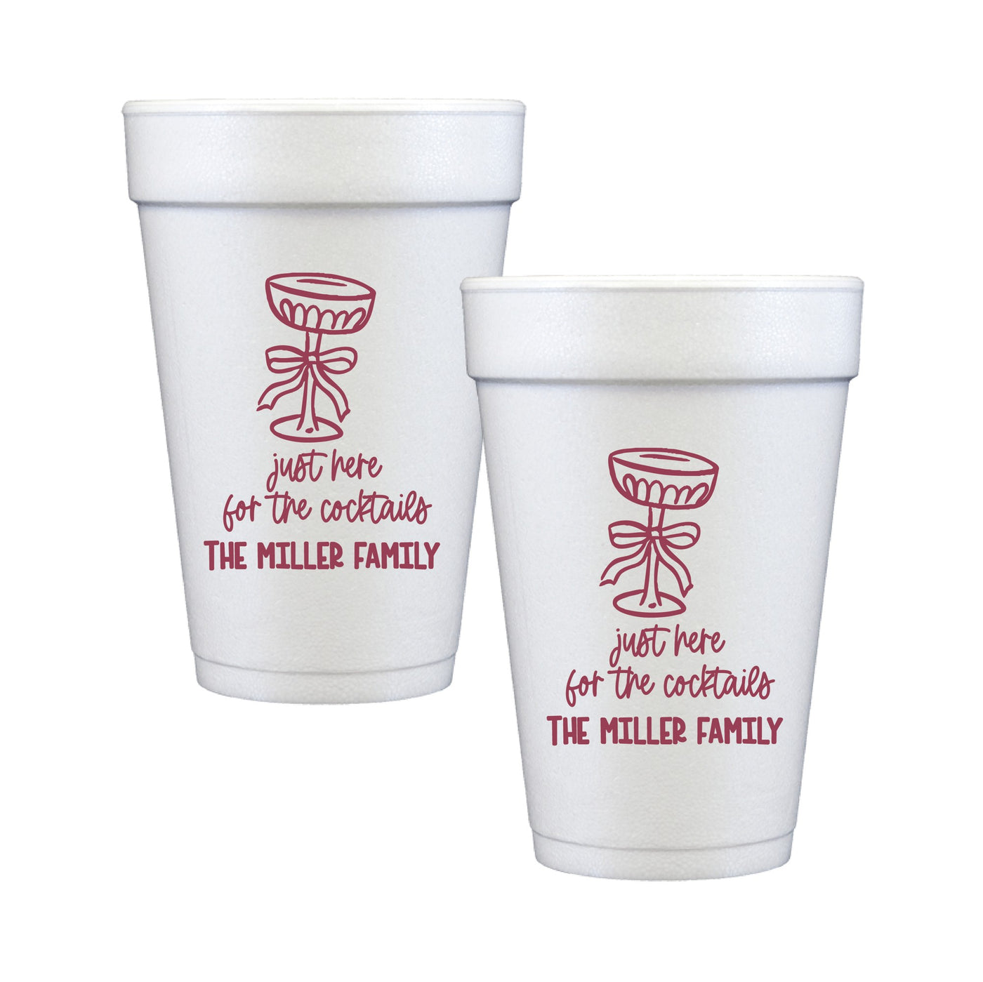 Two white foam cups feature a reddish graphic of a stemmed cocktail glass with a bow, designed as personalized drinkware for an event.