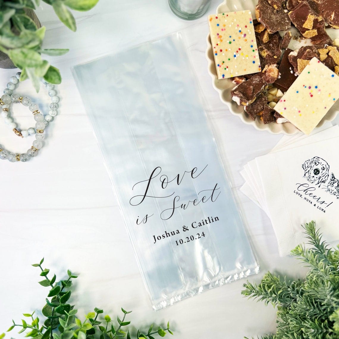 Love is Sweet Personalized Wedding Cellophane Bags - Favor Bags