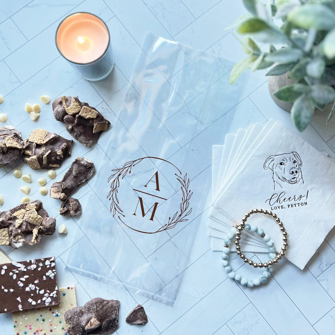 Custom Initials Personalized Wedding Cellophane Bags - Favor Bags