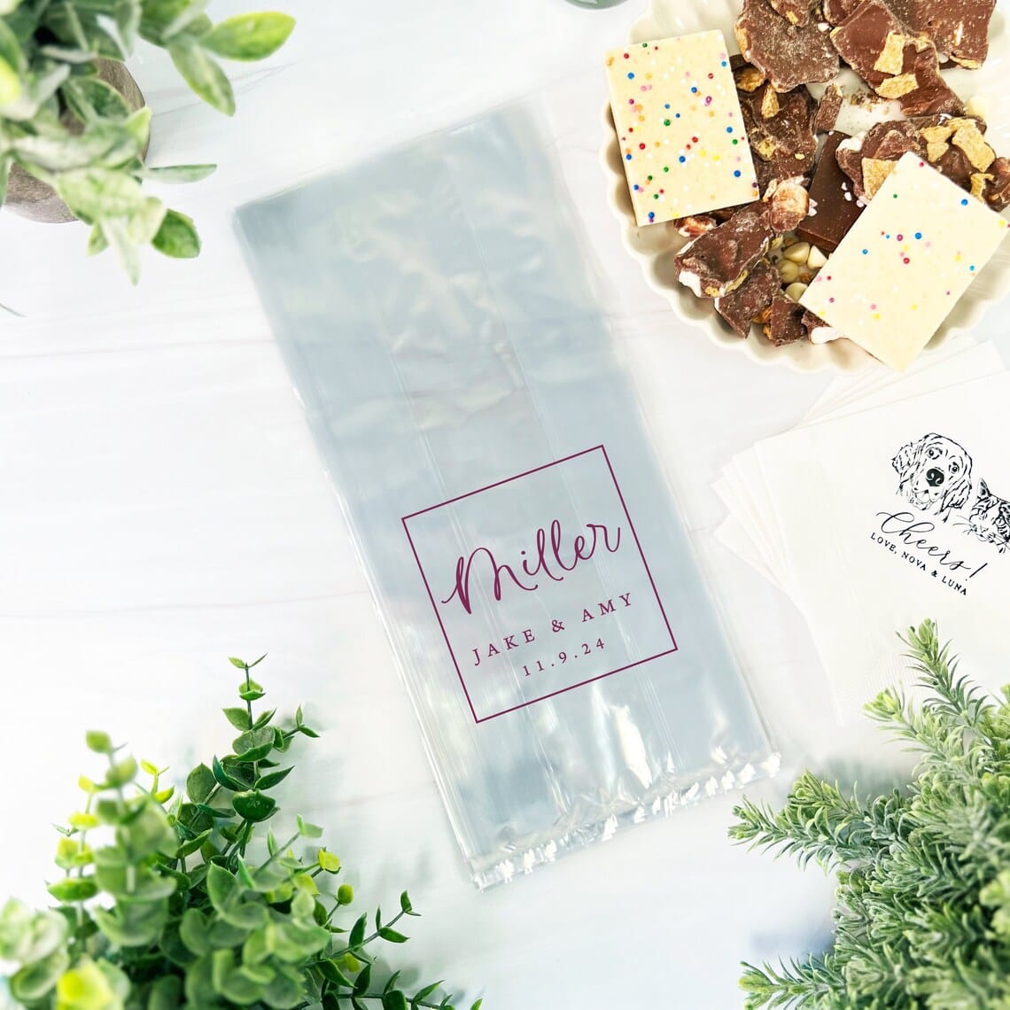 Square Monogram Personalized Wedding Cellophane Bags - Favor Bags
