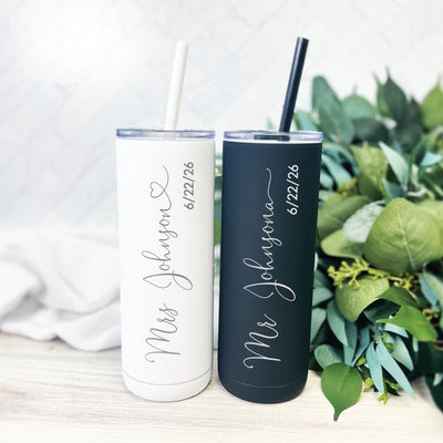 Personalized Last Name Bride and Groom Skinny Tumbler Set