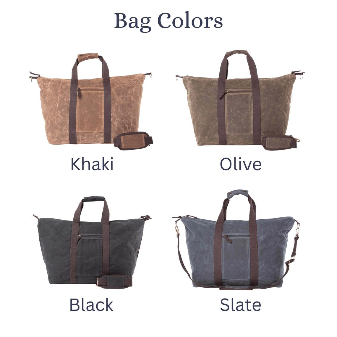 Four waxed canvas travel bags in khaki, olive, black, and slate colors with brown handles and front pockets.