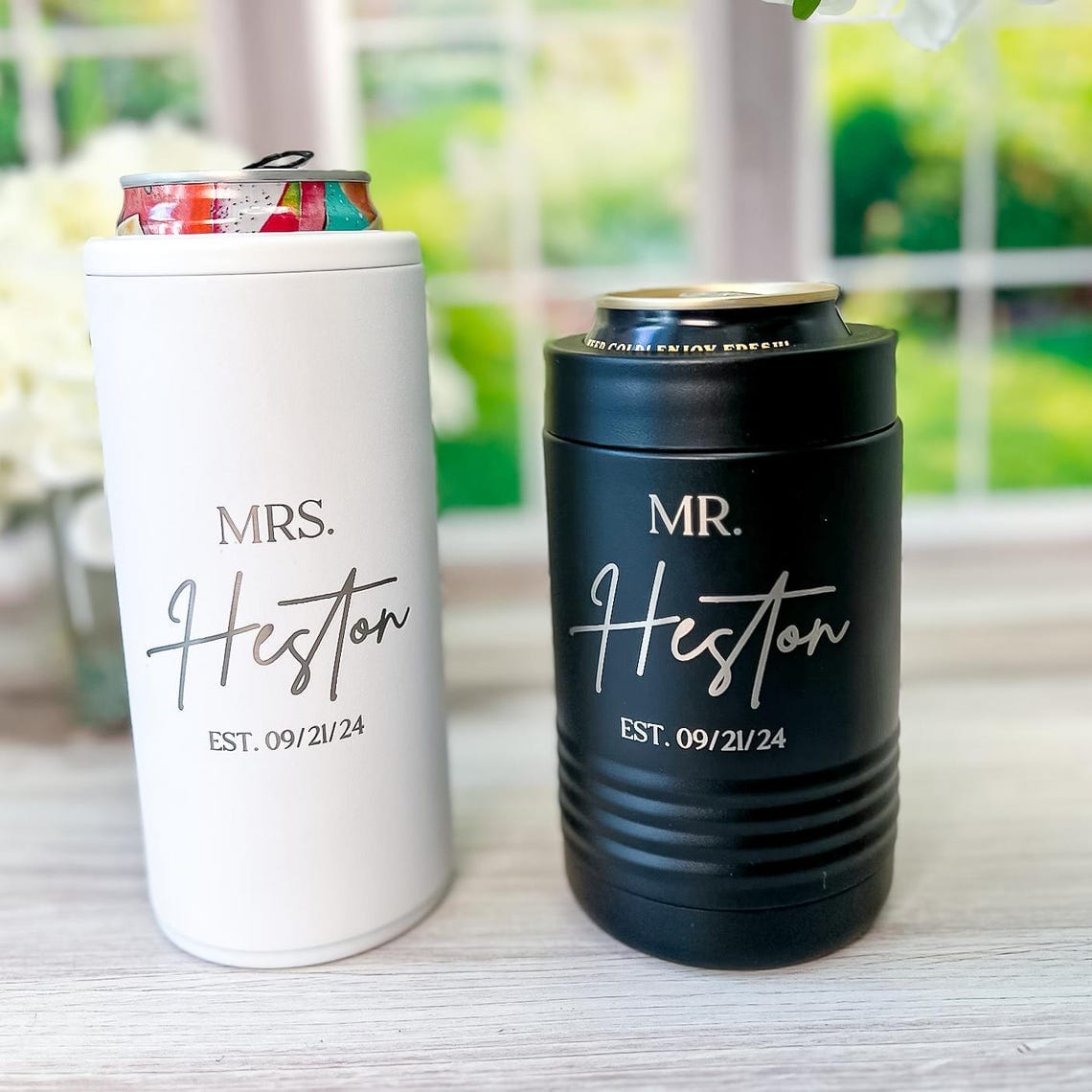 Personalized Mr and Mrs Can Cooler Gift Set