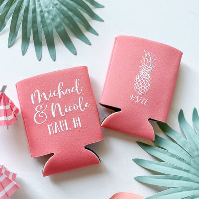 Tropical Custom Wedding Can Coolers for Reception Favors