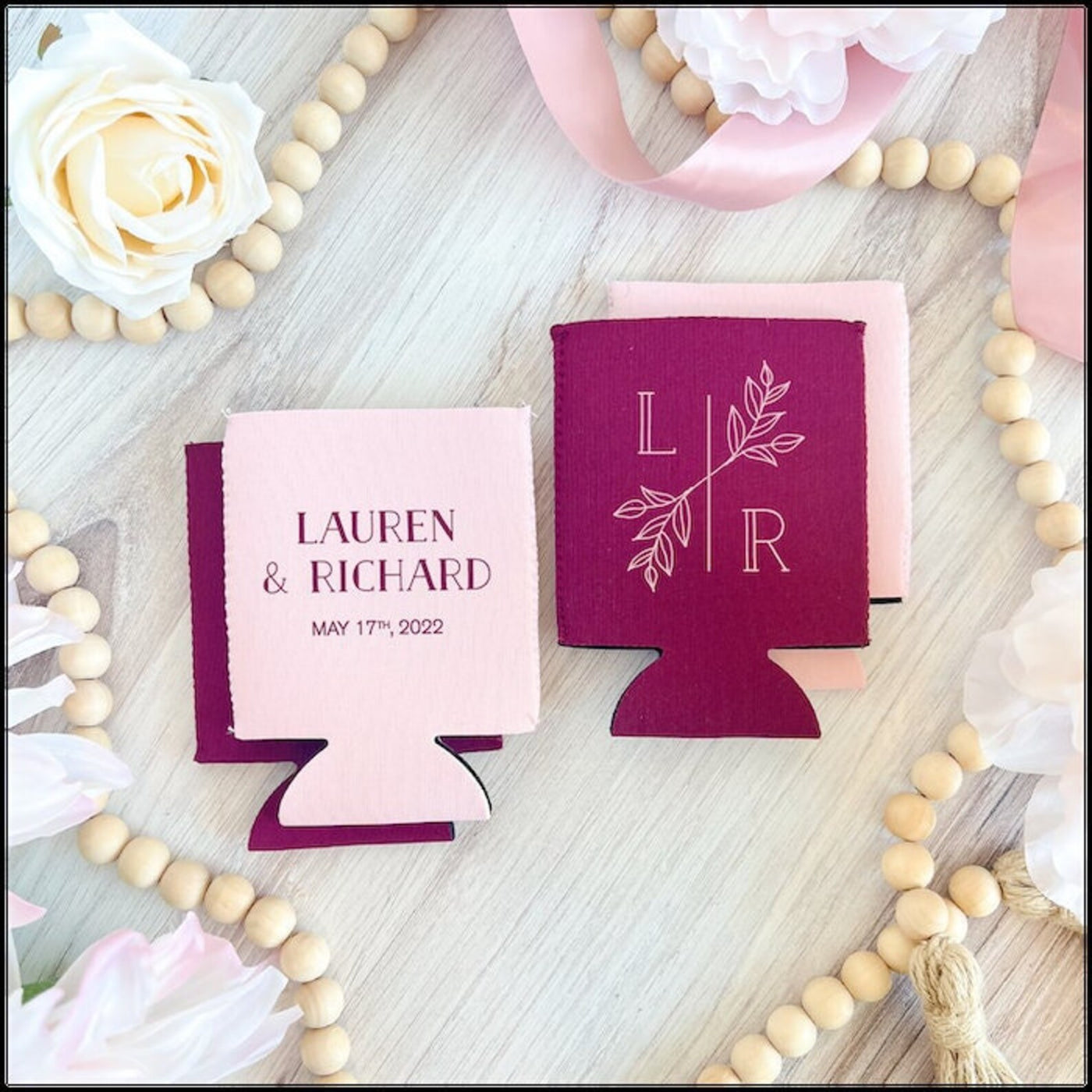 Floral Monogram Can Coolers for Wedding Reception