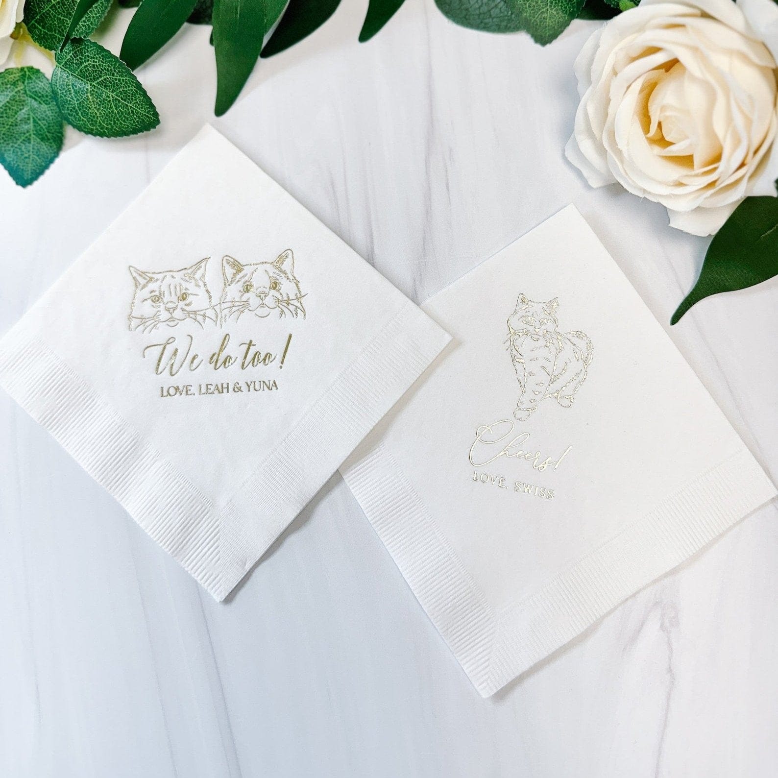 Custom Illustrated Cat Wedding Napkins - Napkins - Foil Stamped - Dog