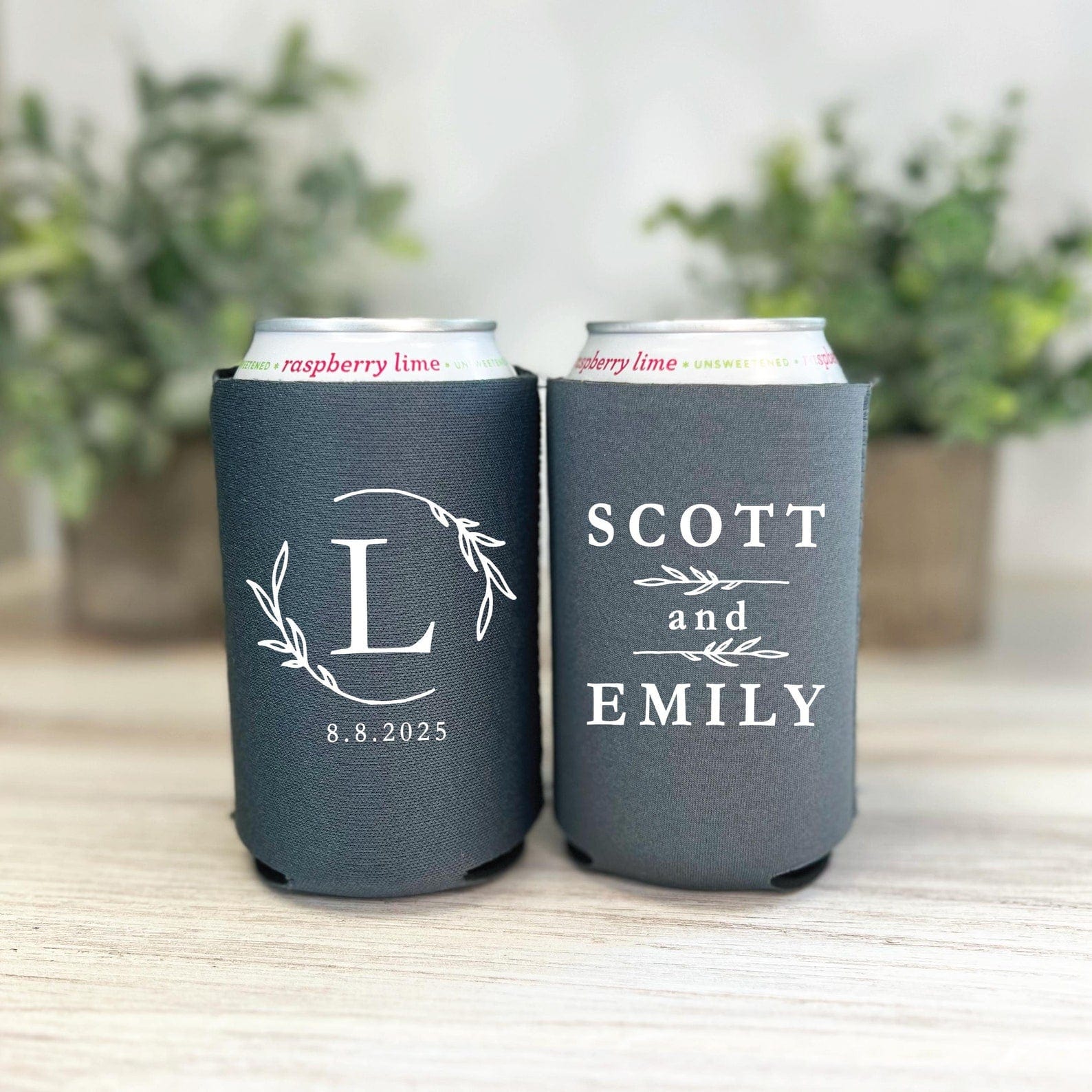 Wreath Monogram Wedding Favor Can Coolers - Can Cooler