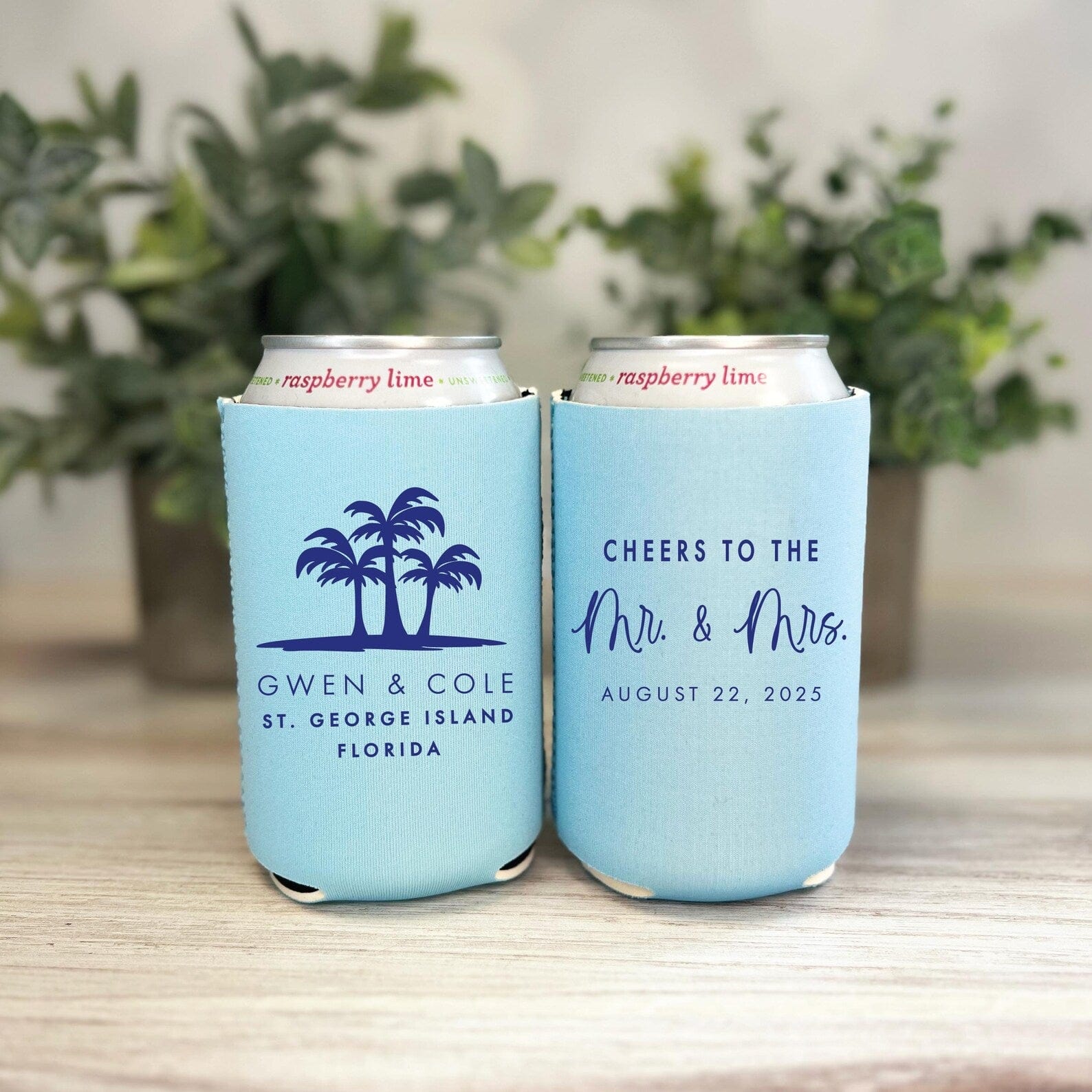 Cheers to the Mr and Mrs Tropical Wedding Can Holder - Can Cooler
