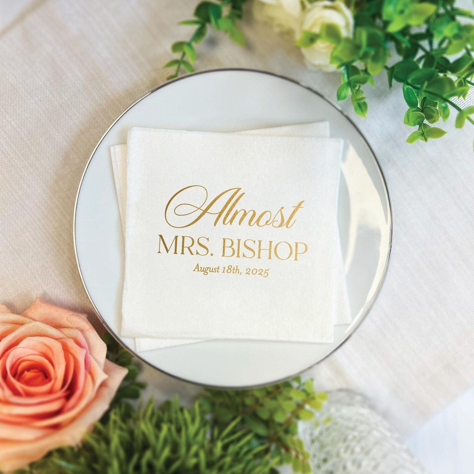 Almost Mrs Bridal Shower Premium Uncoined Napkins - Napkins - Linun Foil Stamped