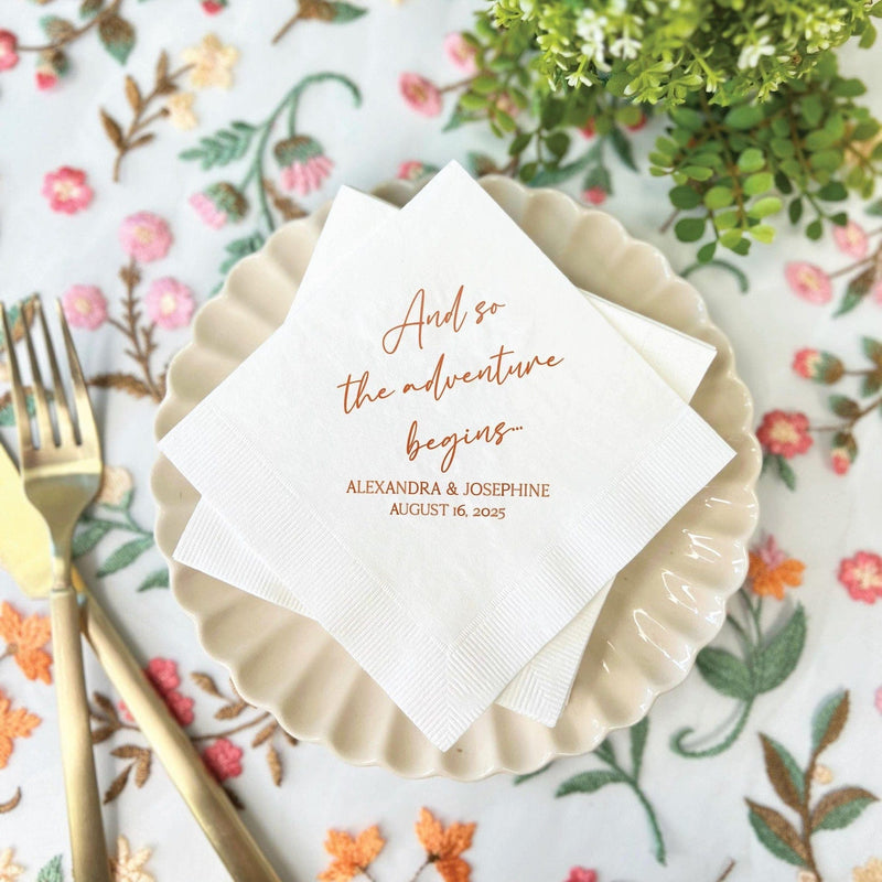 And So The Adventure Begins Wedding Napkins - Napkins - Foil Stamped