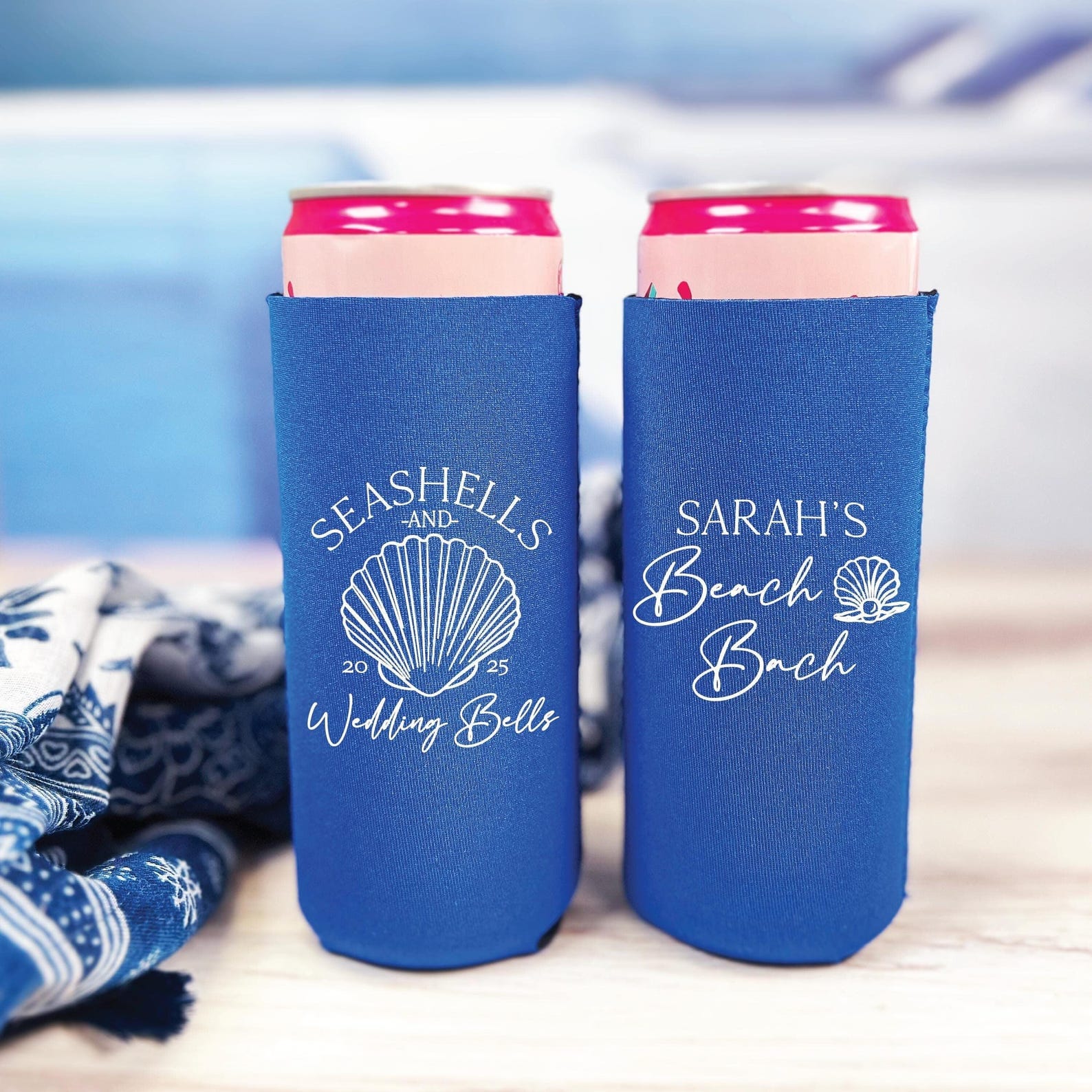 Seashells and Wedding Bells Bachelorette Slim Can Cooler - Can Cooler - Slim