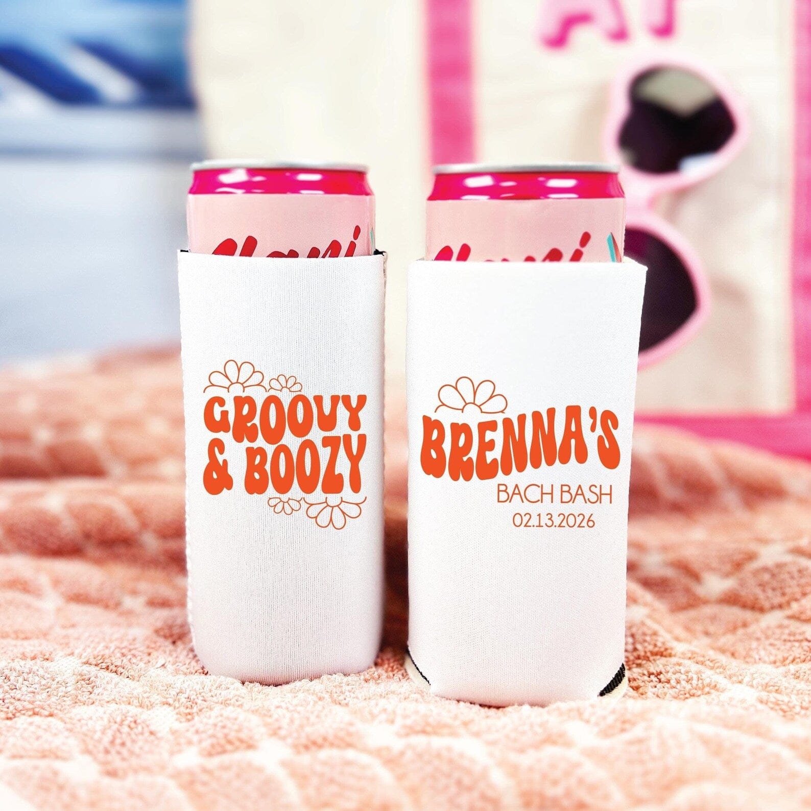 Groovy And Boozy Personalized Bachelorette Slim Can Coolers - Can Cooler - Slim