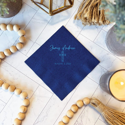 Personalized Baptism/Christening Napkins With Cross - Napkins - Foil Stamped