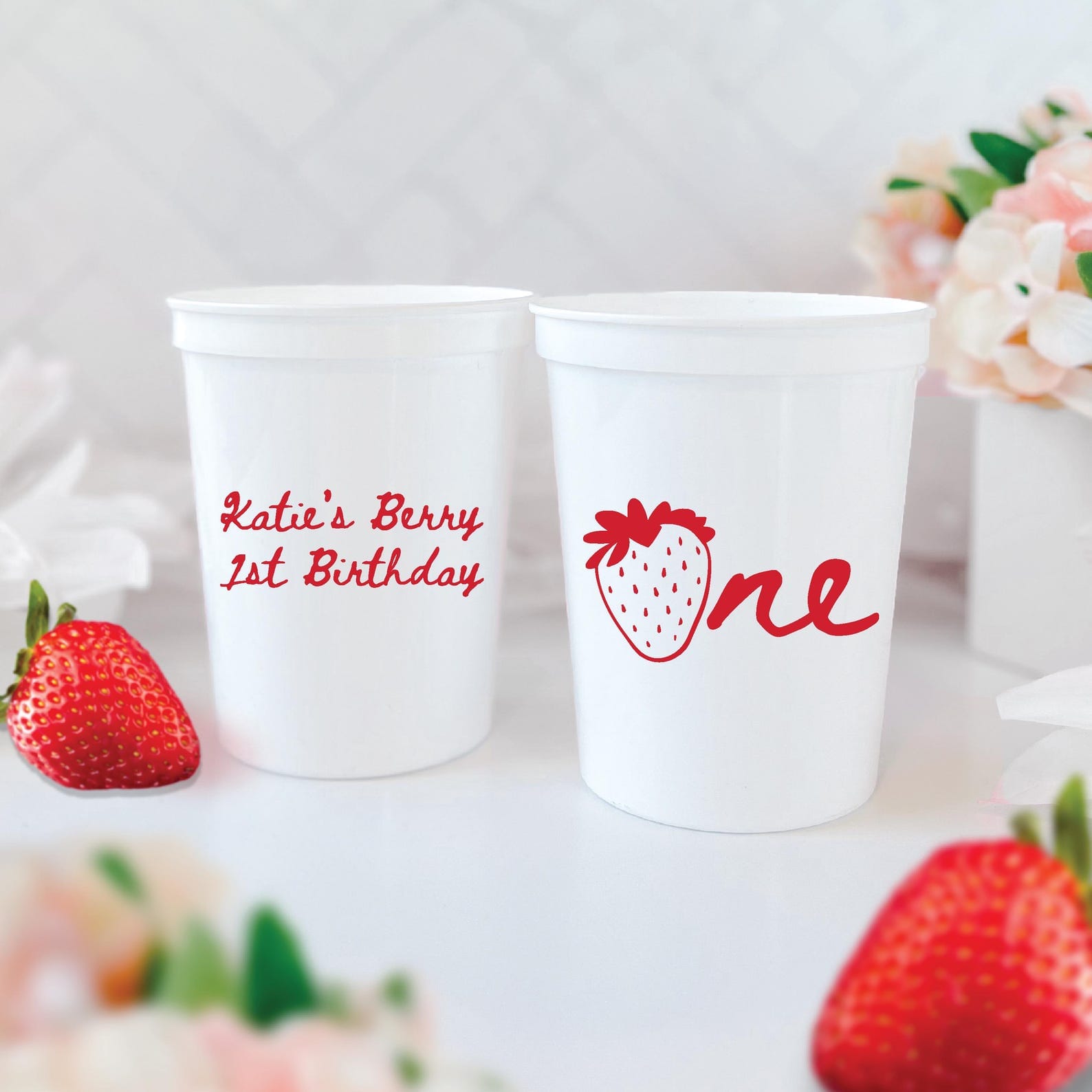 Strawberry First Birthday Cups — Custom Personalized Party Cups