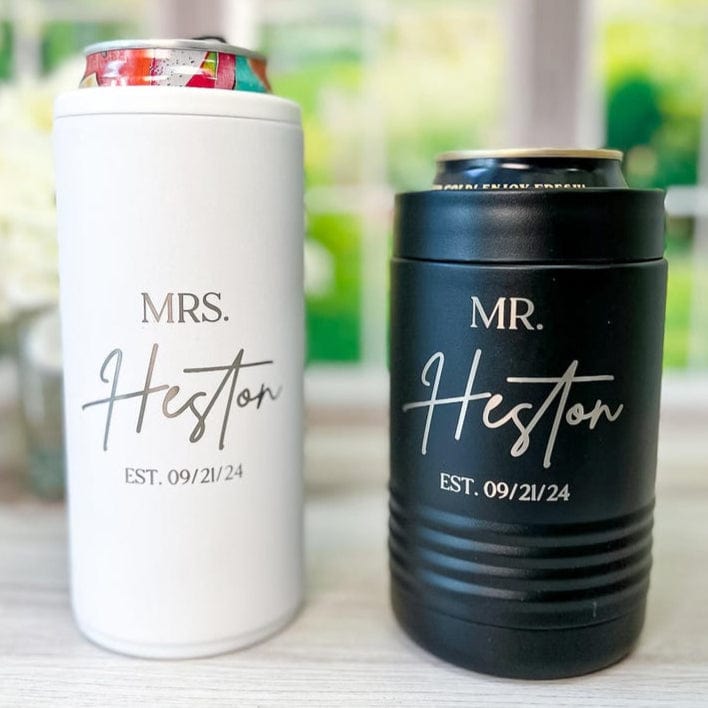 White and black insulated can coolers personalized with "MRS. Hestor" and "MR. Hestor" with EST. 09/21/24 date.