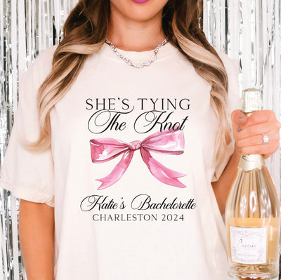 She's Tying the Knot Bachelorette T-Shirt - Bachelorette Party Shirts, Luxury Shirts, 1717 Comfort Colors, Custom Bachelorette Shirts