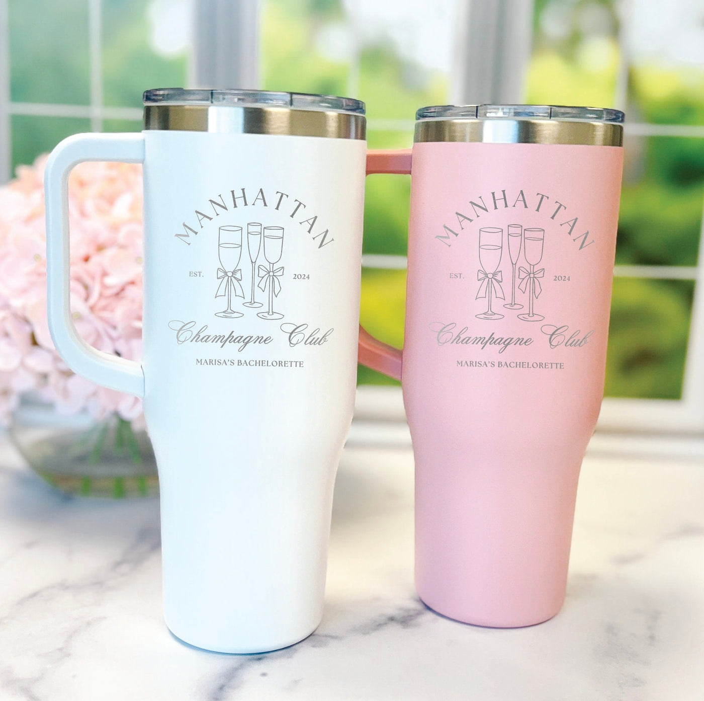 Champagne Club Bachelorette Party Personalized 40oz Tumbler - Custom Bridesmaid Tumbler, 40oz Tumbler with Handle and Straw