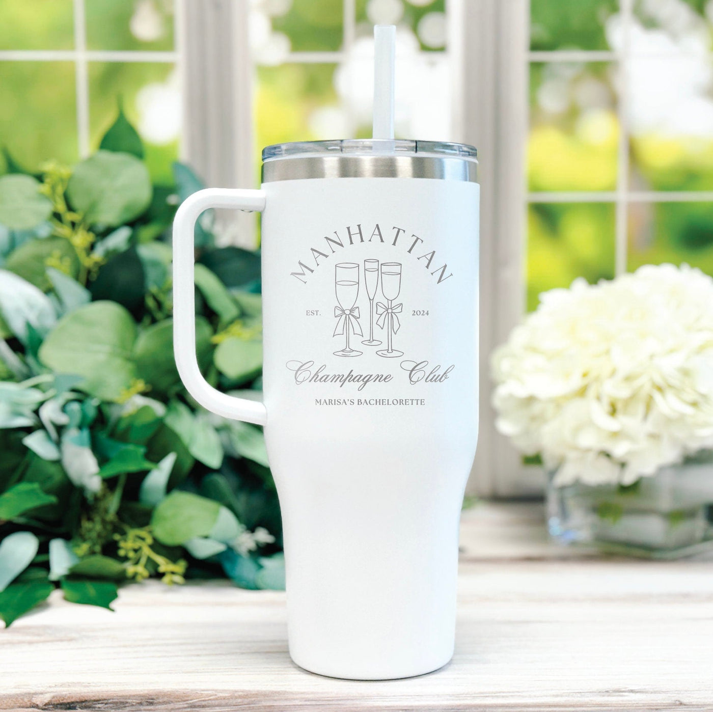 Champagne Club Bachelorette Party Personalized 40oz Tumbler - Custom Bridesmaid Tumbler, 40oz Tumbler with Handle and Straw