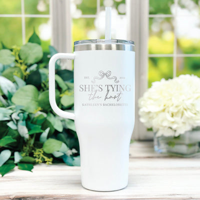 She's Tying the Knot Bachelorette Party Personalized 40oz Tumbler - Custom Bridesmaid Tumbler, 40oz Tumbler with Handle and Straw