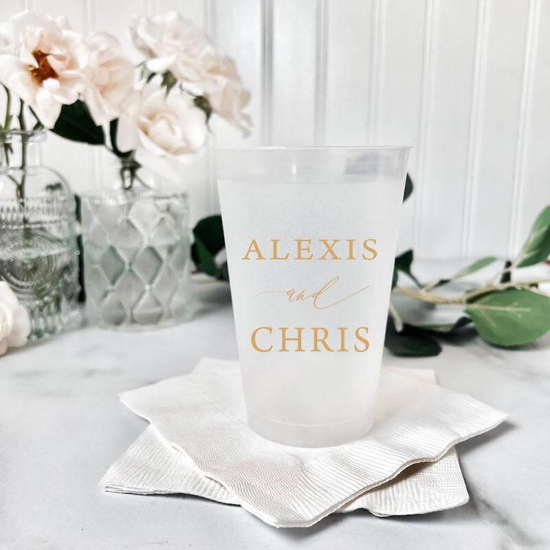 Minimalist Frosted Wedding Cups With Couple Names