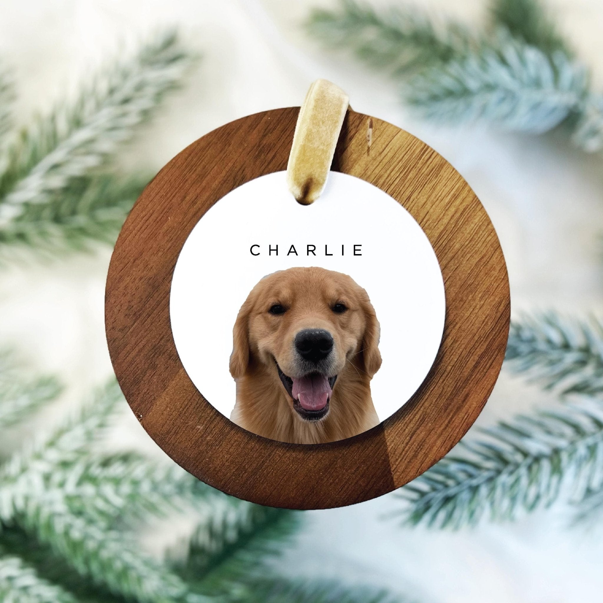 Wooden circle ornament with white acrylic center displaying golden retriever photo and name Charlie, surrounded by evergreen branches