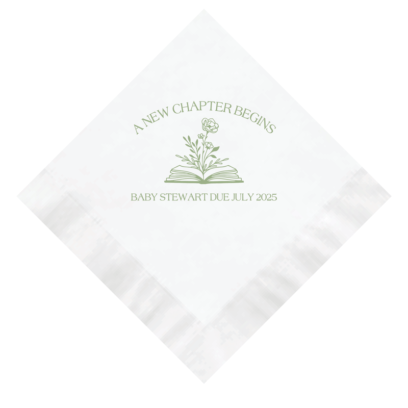 Personalized baby shower napkin with open book and floral design