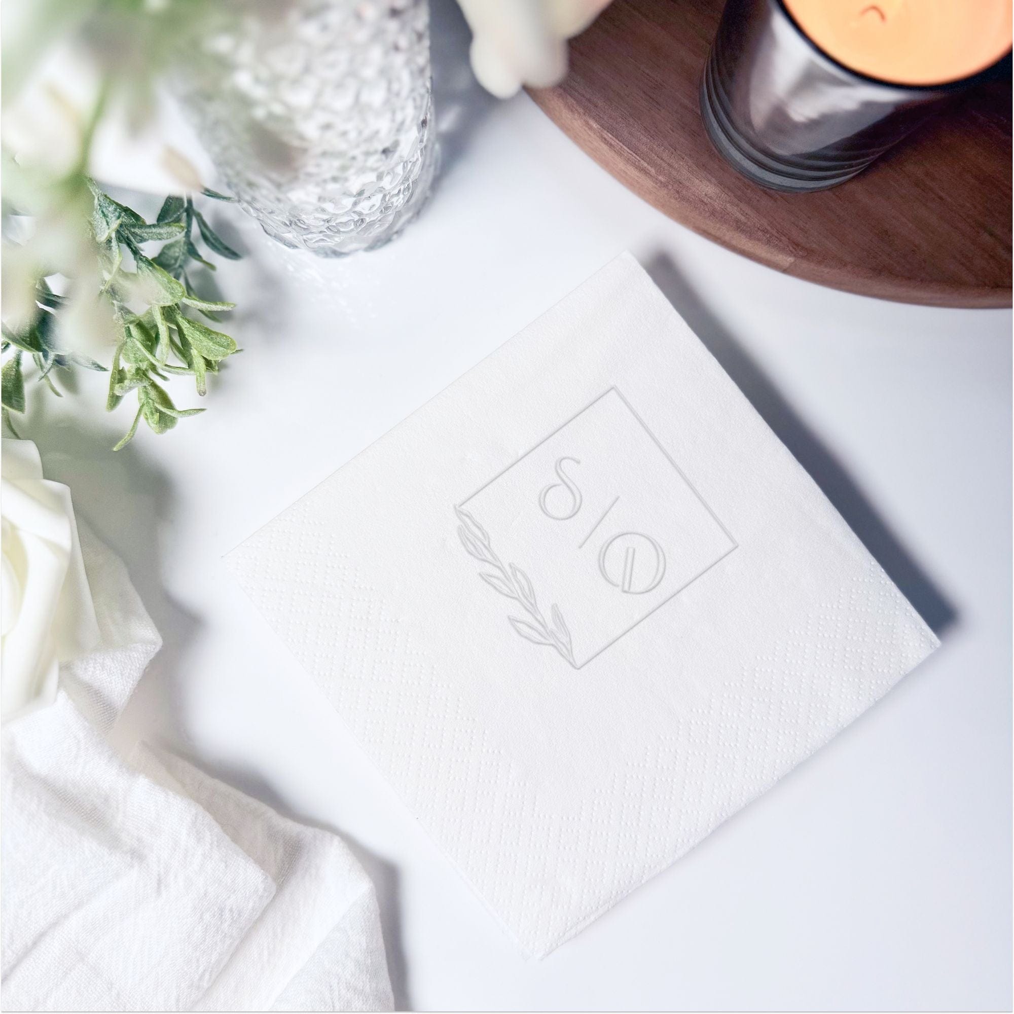Personalized Embossed Cocktail Napkins — Botanical Frame Monogram