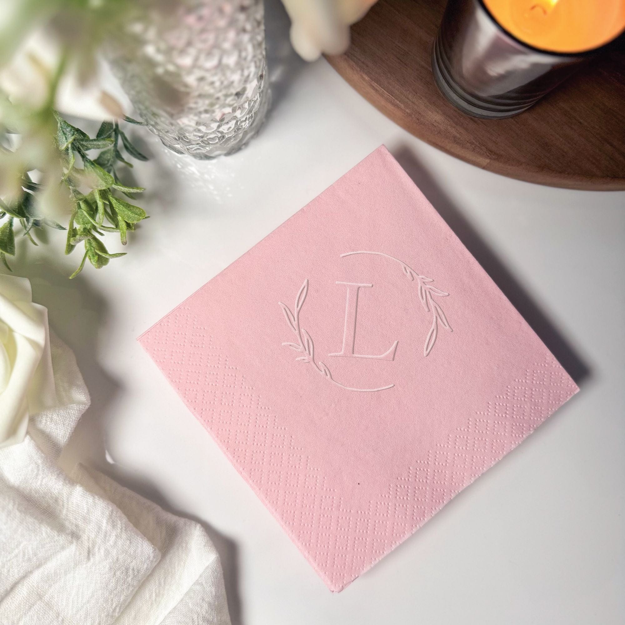 Personalized Embossed Cocktail Napkin Leafy Wreath Monogram Blush Pink – Rubi and Lib