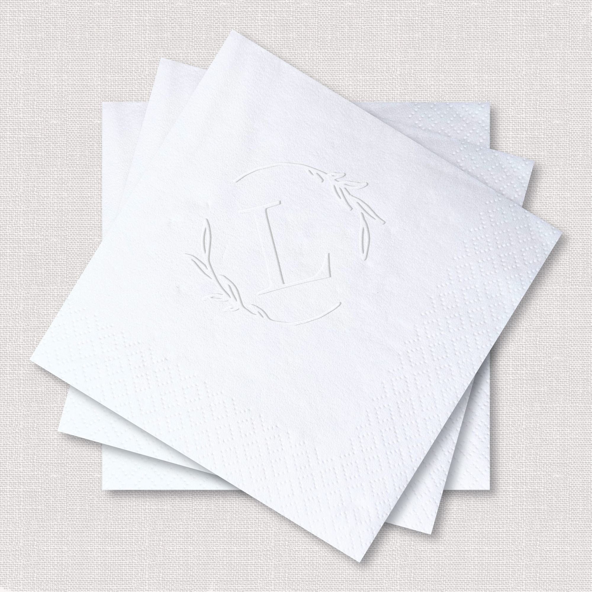 Personalized Embossed Cocktail Napkins — Leafy Wreath Monogram