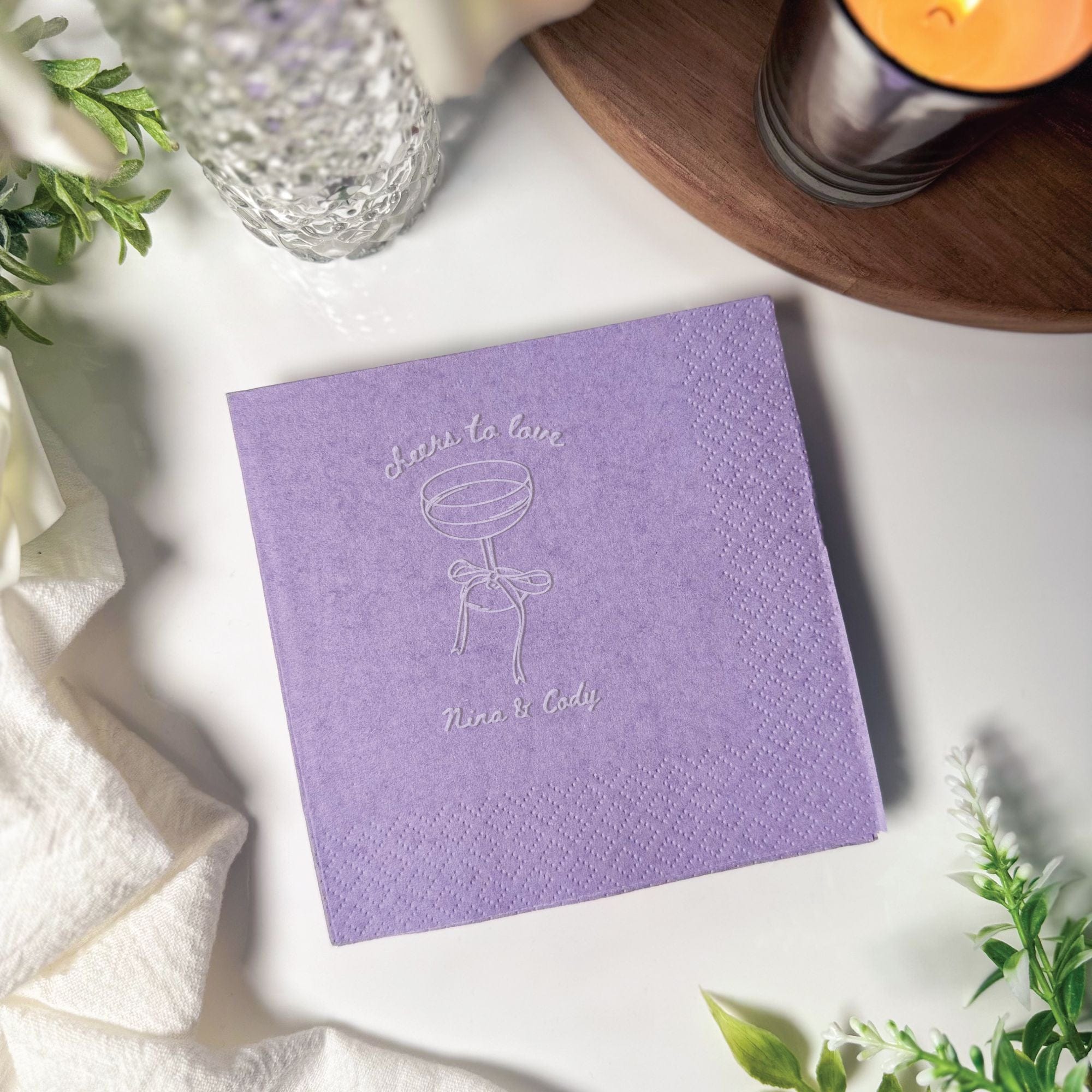 Personalized Embossed Cocktail Napkin Cheers to Love Coupe Bow Lavender – Rubi and Lib