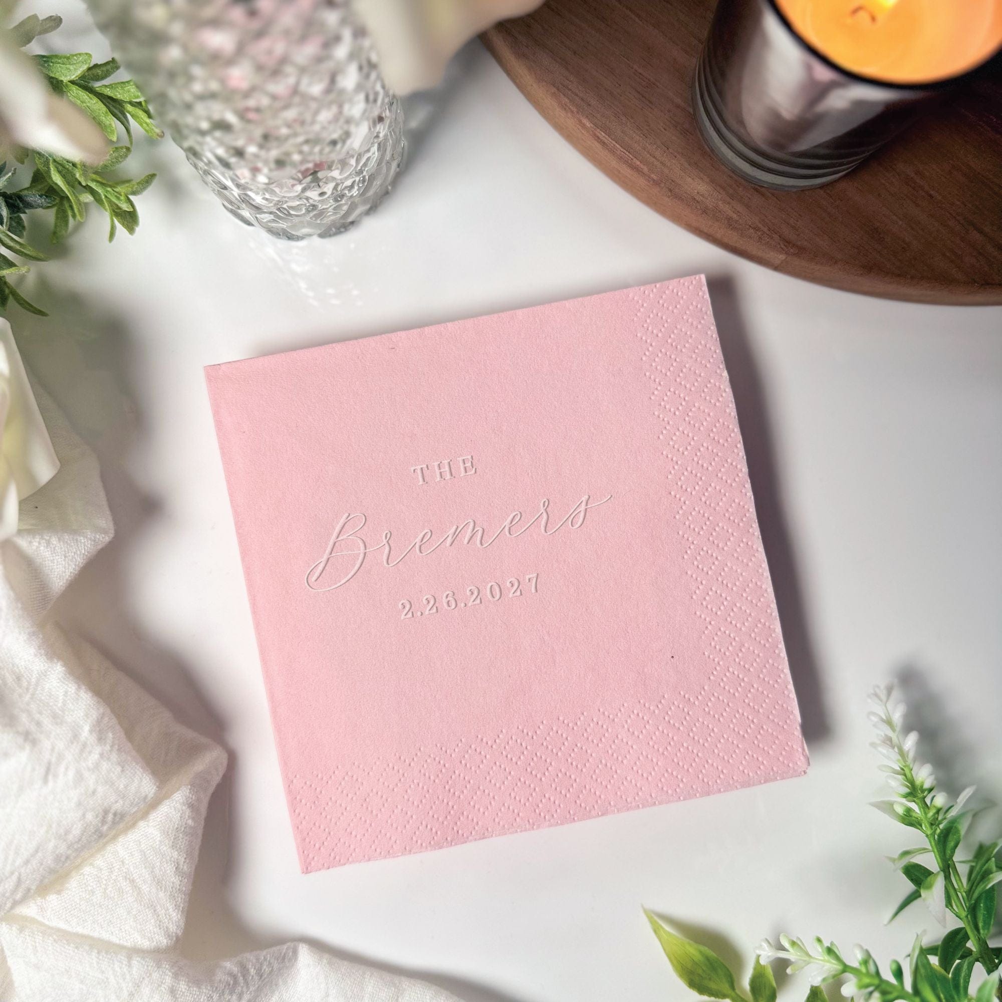 Personalized Embossed Cocktail Napkin Script Surname and Date Blush Pink – Rubi and Lib