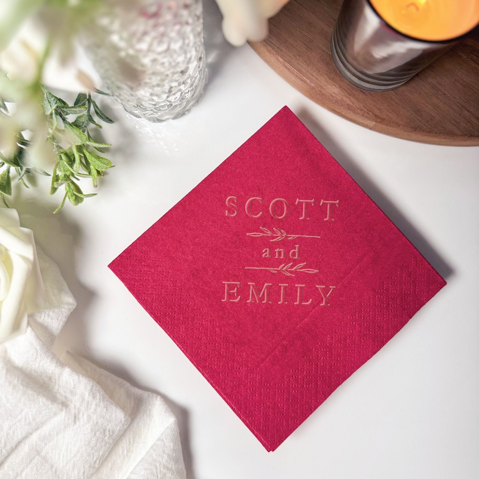 Personalized Embossed Cocktail Napkin Botanical Name Duo Deep Crimson Diamond Fold – Rubi and Lib