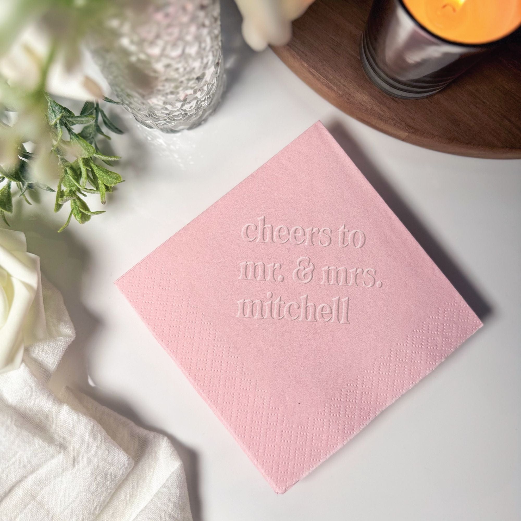 Personalized Embossed Cocktail Napkin Cheers Phrase Blush Pink – Rubi and Lib