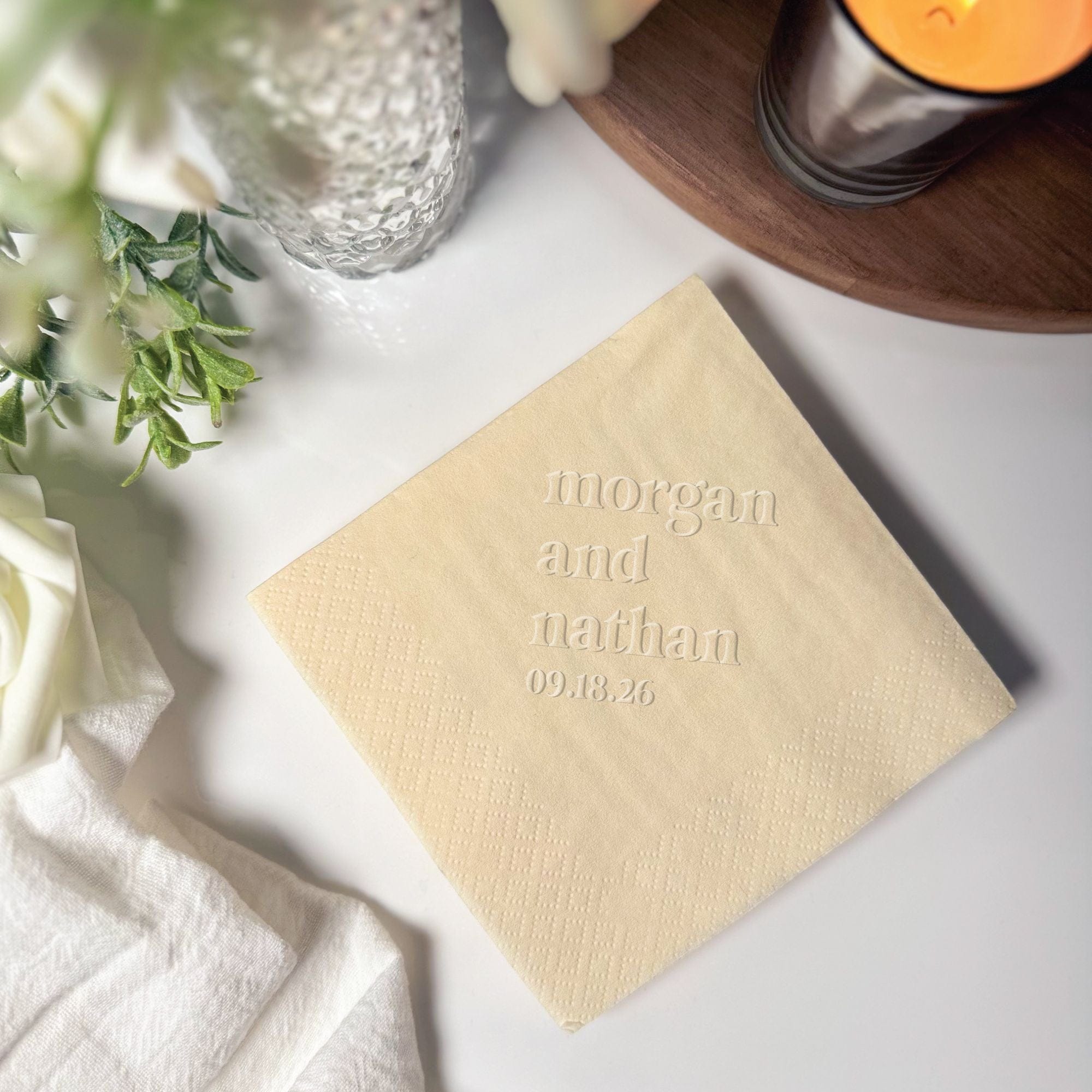 Personalized Embossed Cocktail Napkin Bold Name and Date Ivory Cream – Rubi and Lib