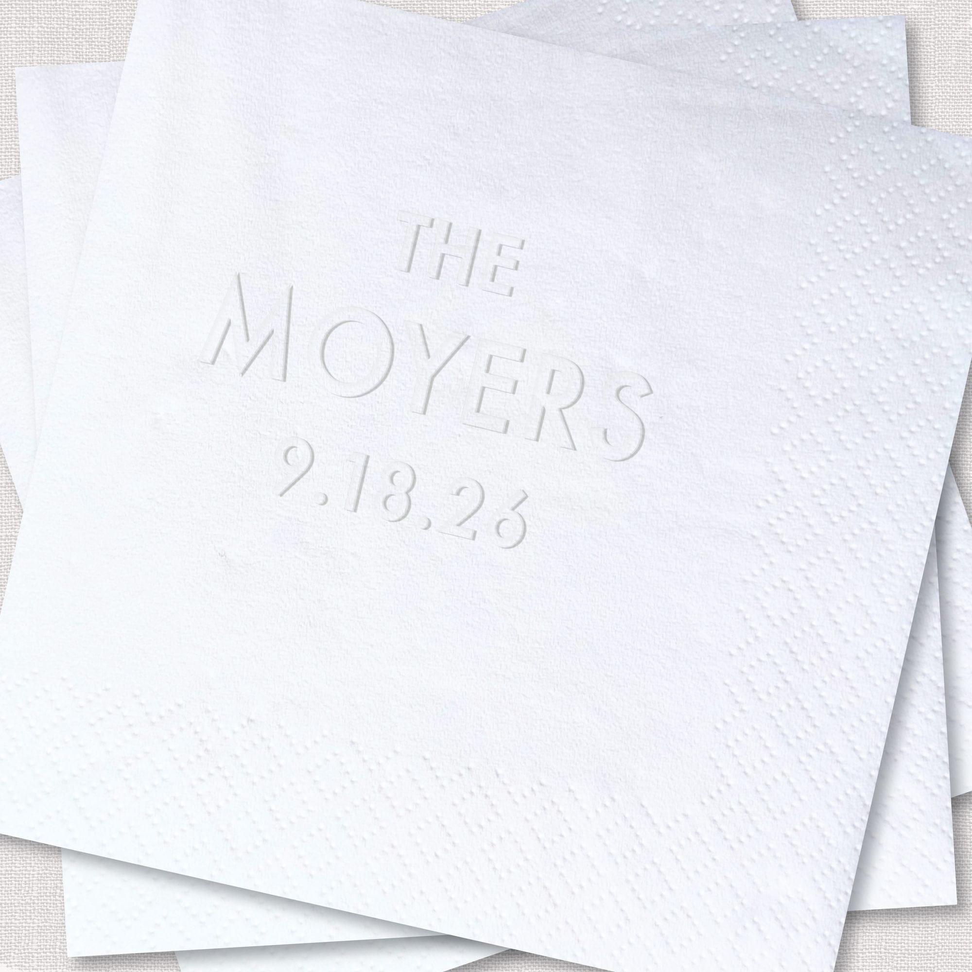 Personalized Embossed Cocktail Napkins Serif Surname Wide Layout Tonal Blind Emboss White – Rubi and Lib