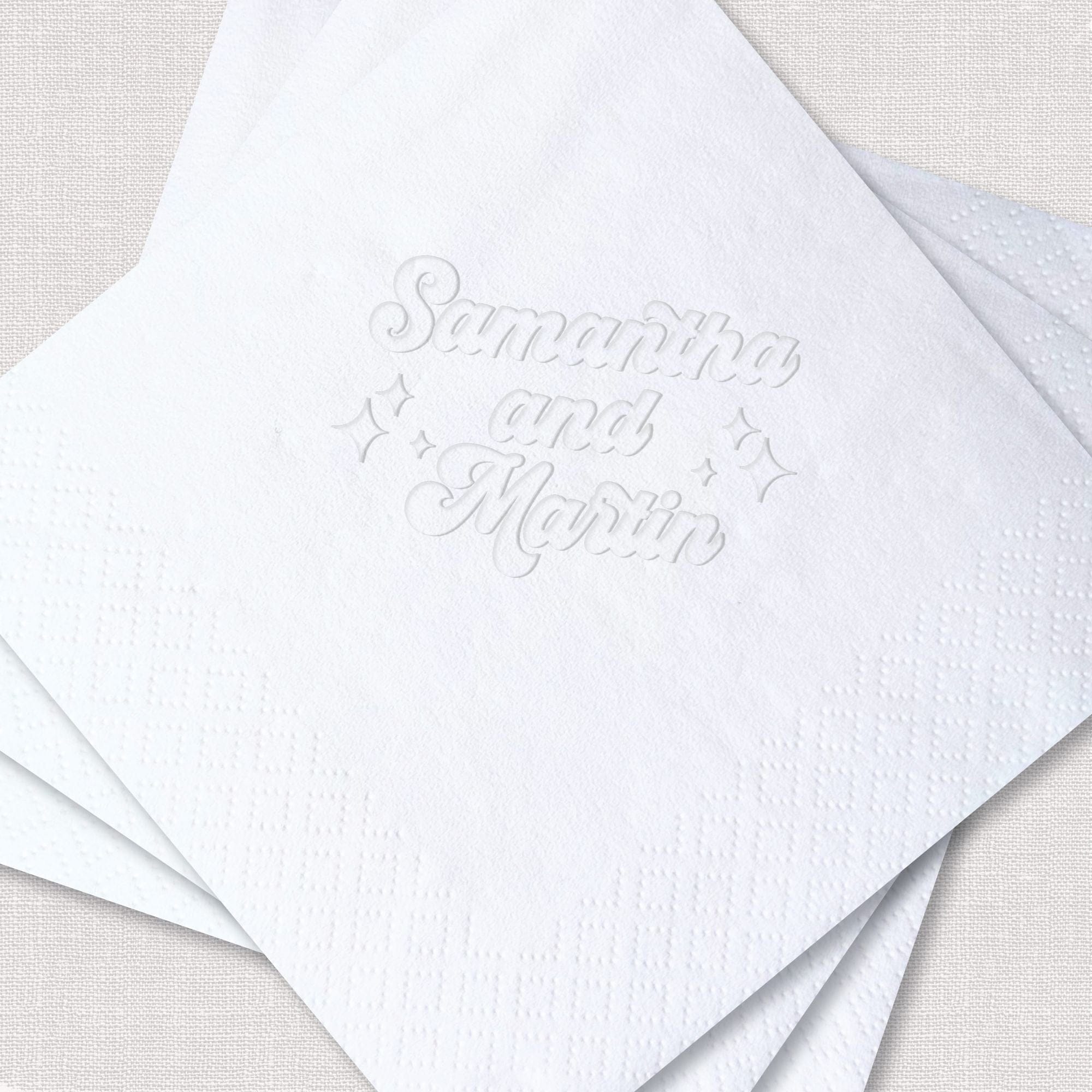 Personalized Embossed Cocktail Napkin Retro Star Script White Stack Close-Up – Rubi and Lib