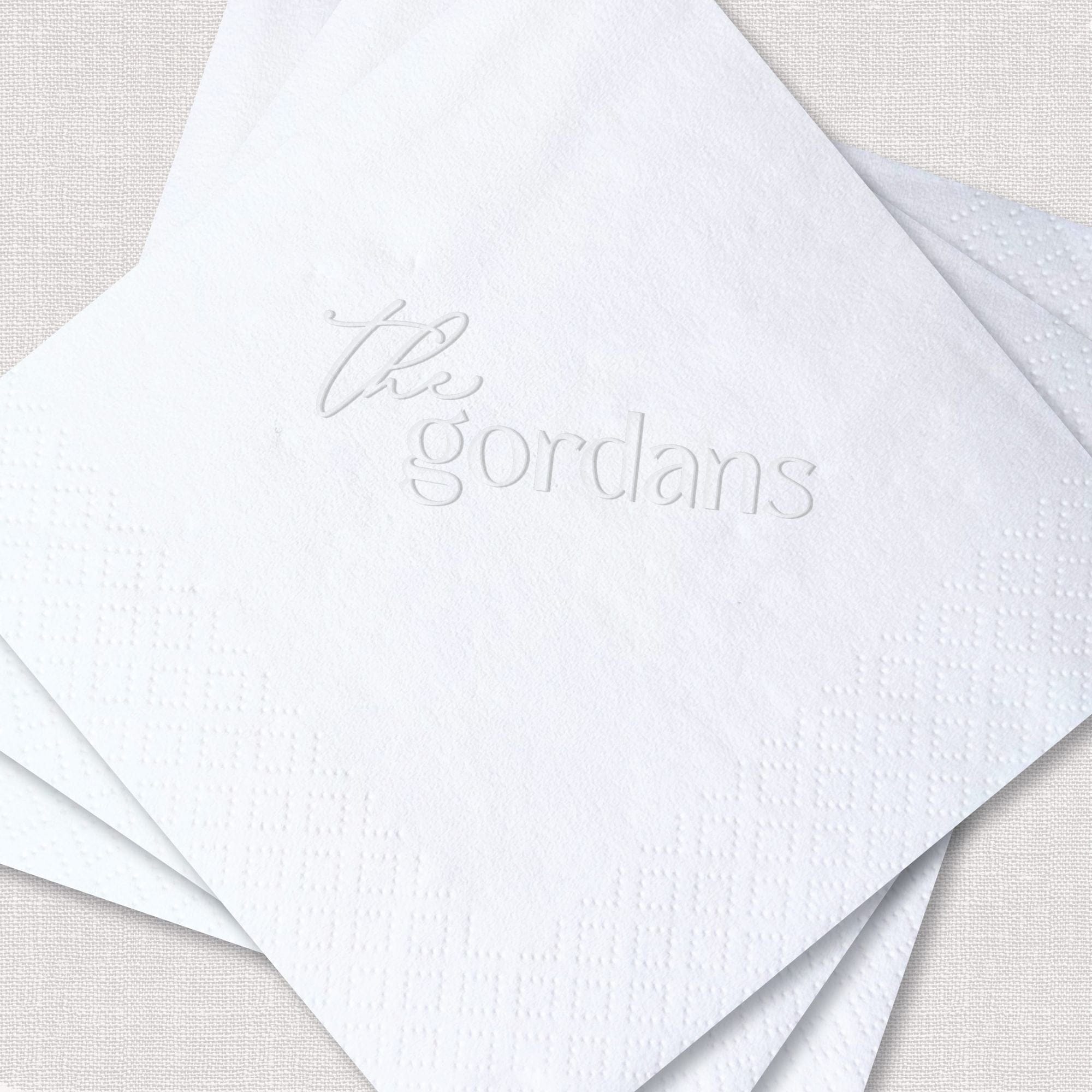 Personalized Embossed Cocktail Napkin Script Surname White Diamond Fold Stack – Rubi and Lib