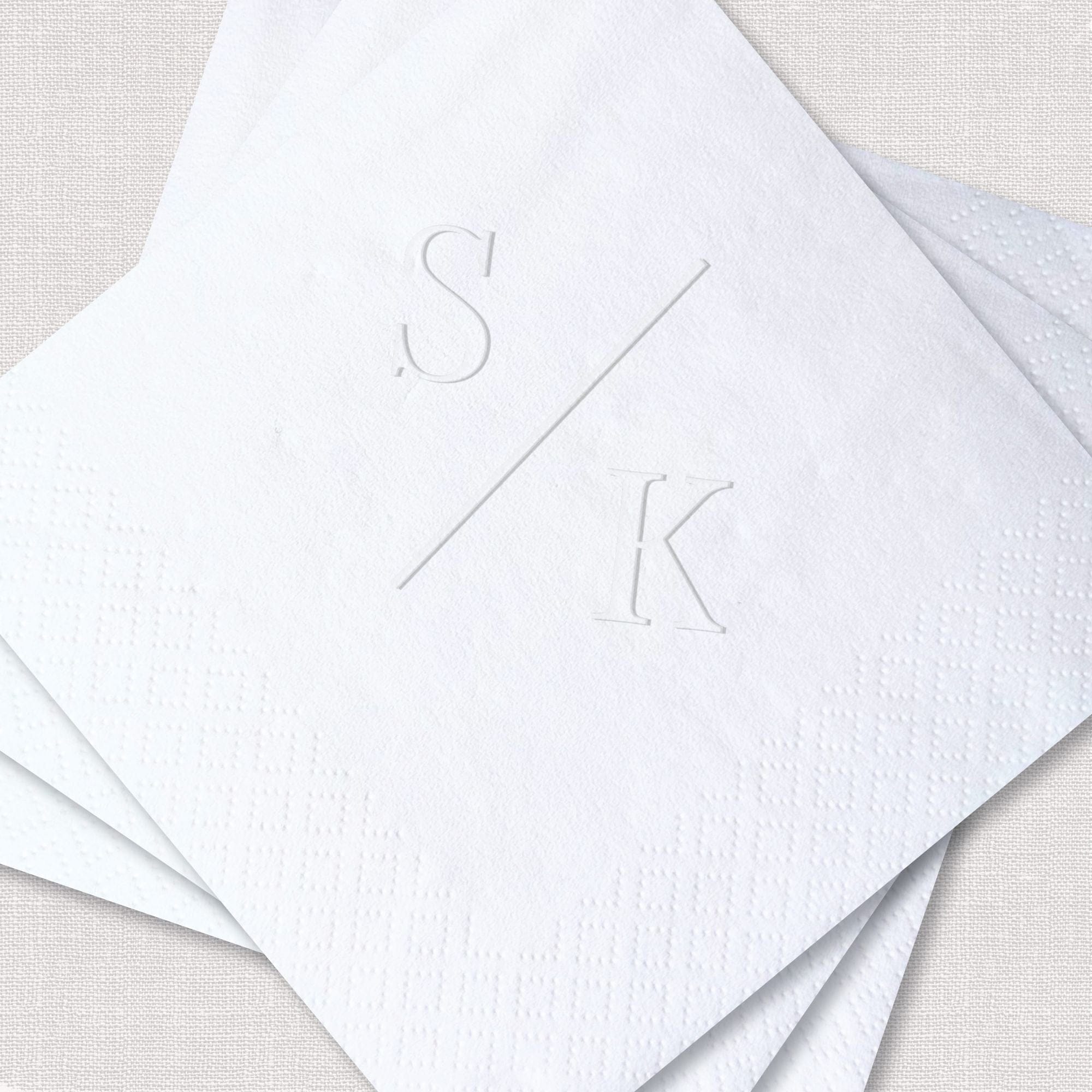 Personalized Embossed Cocktail Napkin Split Initial Monogram White Diamond Fold Close-Up – Rubi and Lib