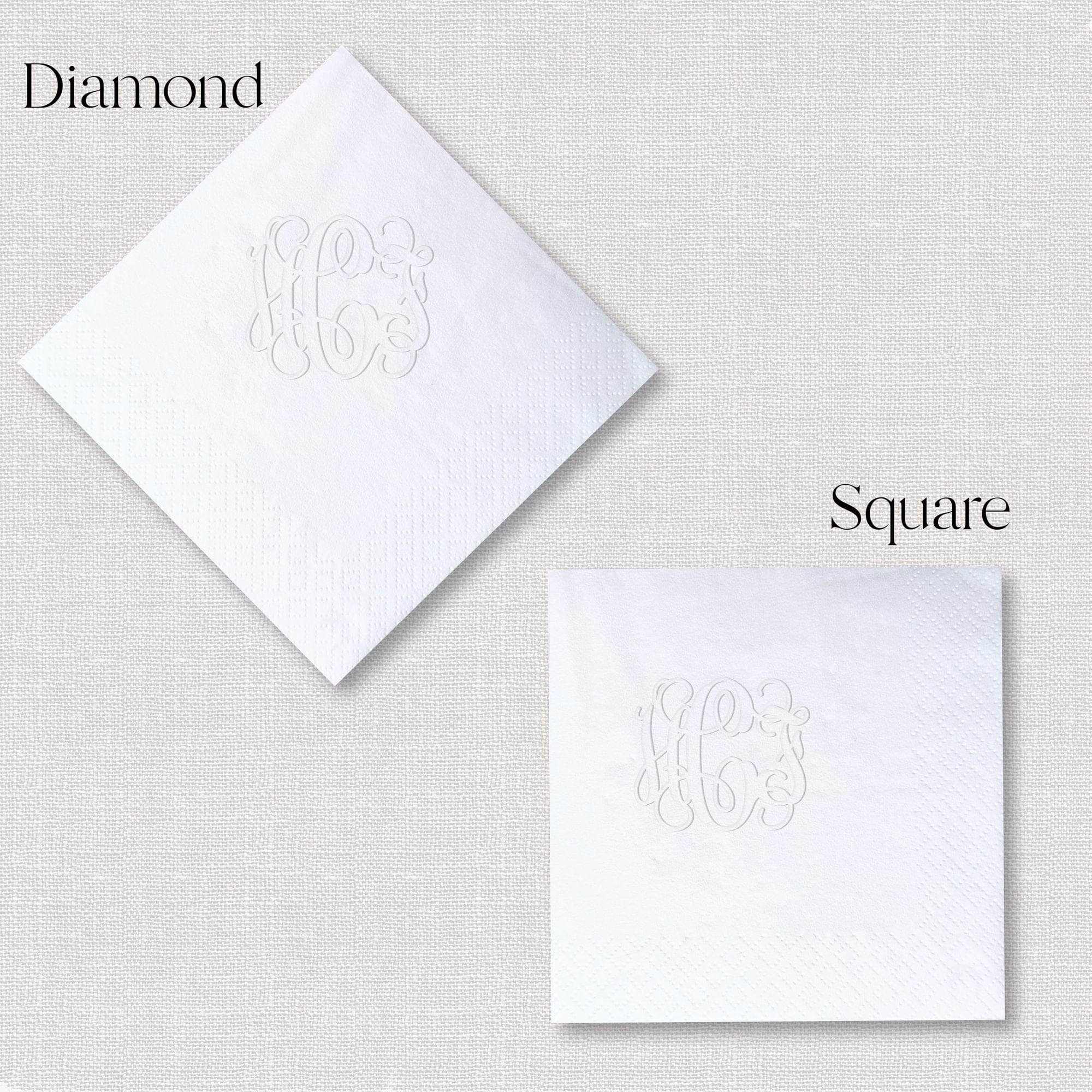 Personalized Embossed Napkins Diamond vs Square Orientation Comparison Interlocking Monogram White – Rubi and Lib