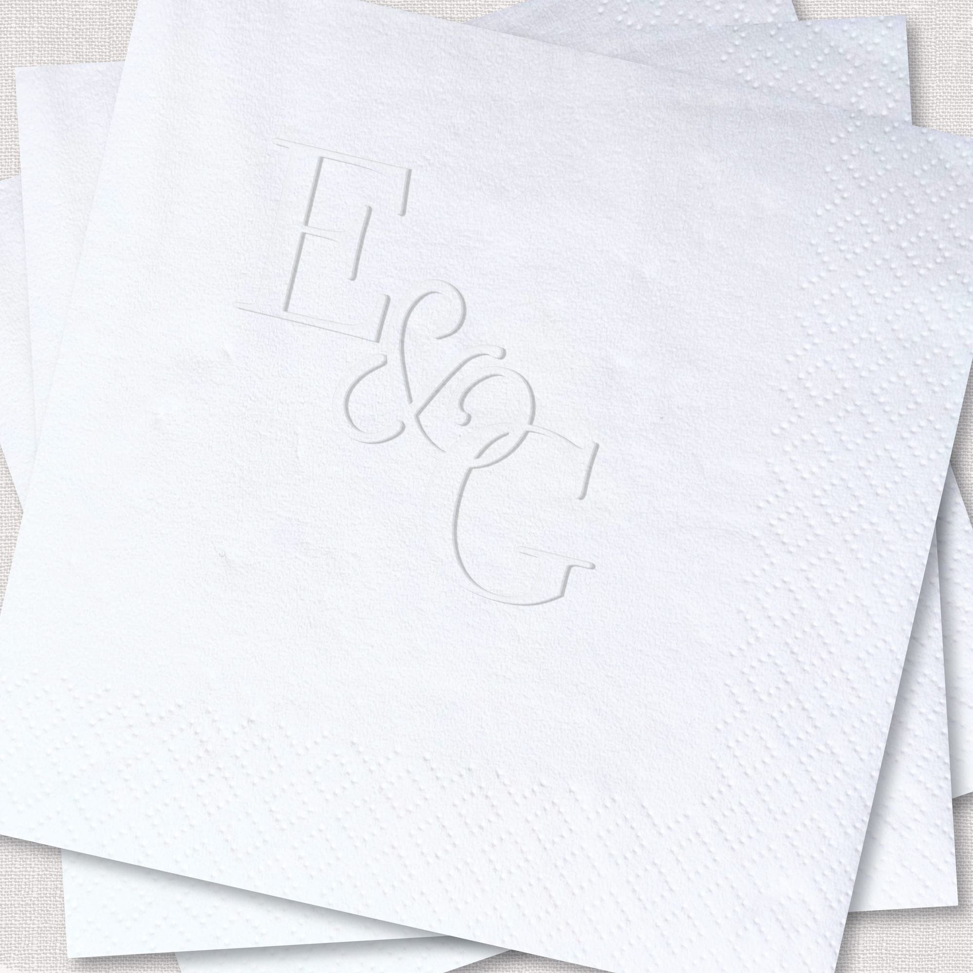 Personalized Embossed Cocktail Napkins E and G Large Format Serif Script Close Up White – Rubi and Lib
