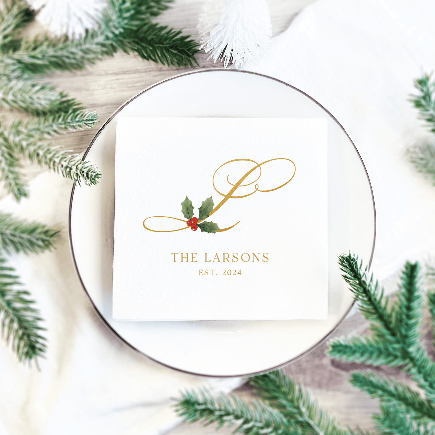 Elegant Script Personalized Full Color Christmas Cocktail Napkins