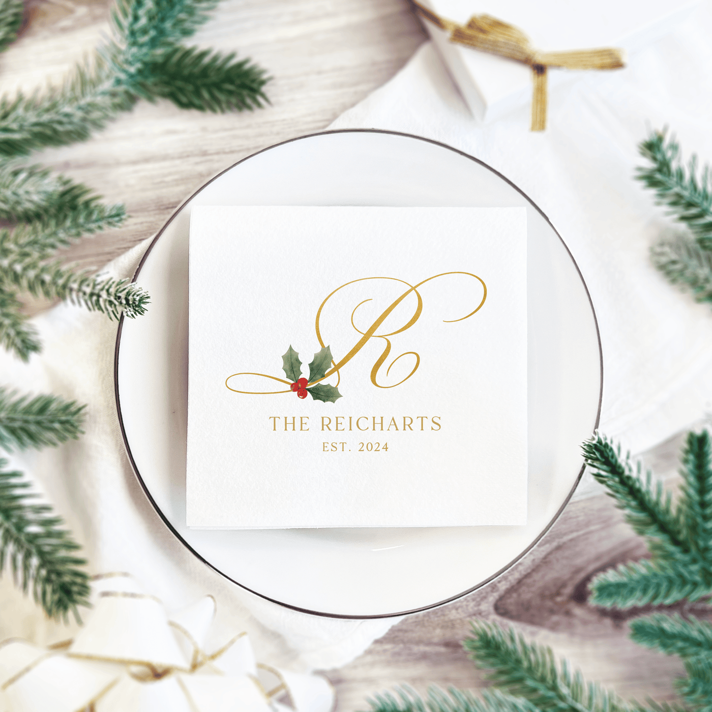 Elegant Script Personalized Full Color Christmas Cocktail Napkins