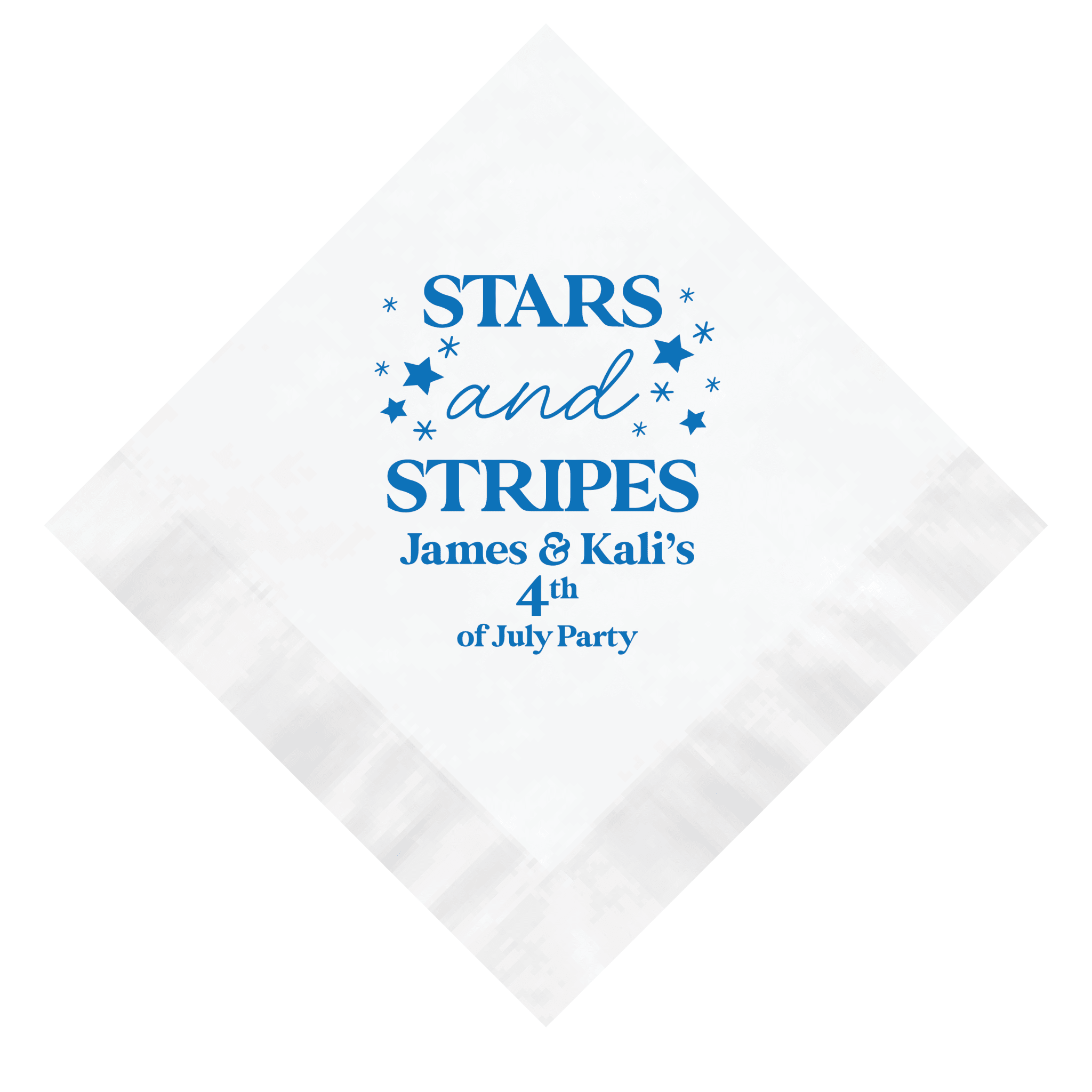 White napkin with blue foil-stamped "Stars and Stripes" design and "James & Kali's 4th of July Party" personalization.