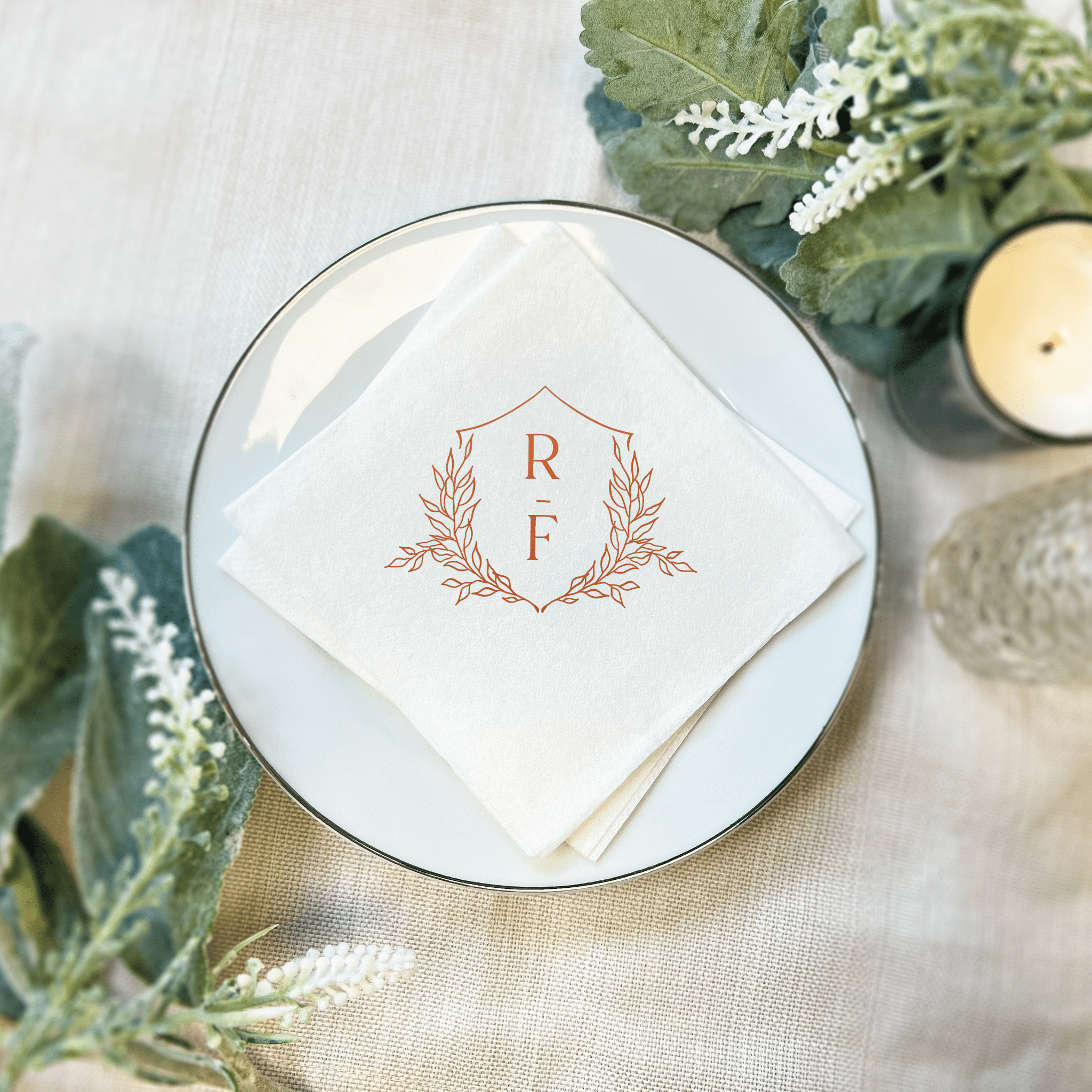 Custom Floral Crest Wedding Premium Linun Uncoined Napkins - Napkins - Linun Foil Stamped