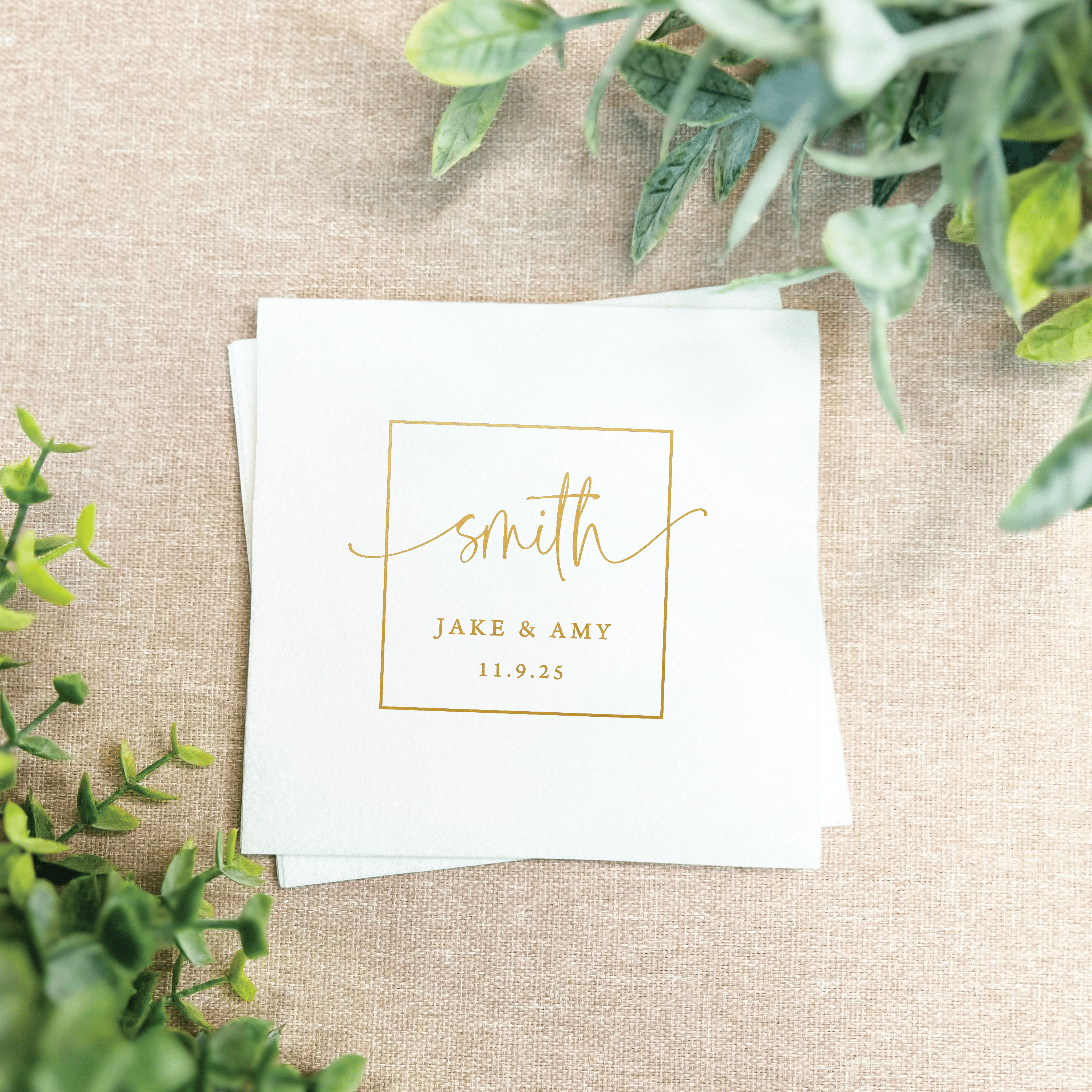 Square Monogram Wedding Premium Linun Uncoined Napkins - Napkins - Linun Foil Stamped