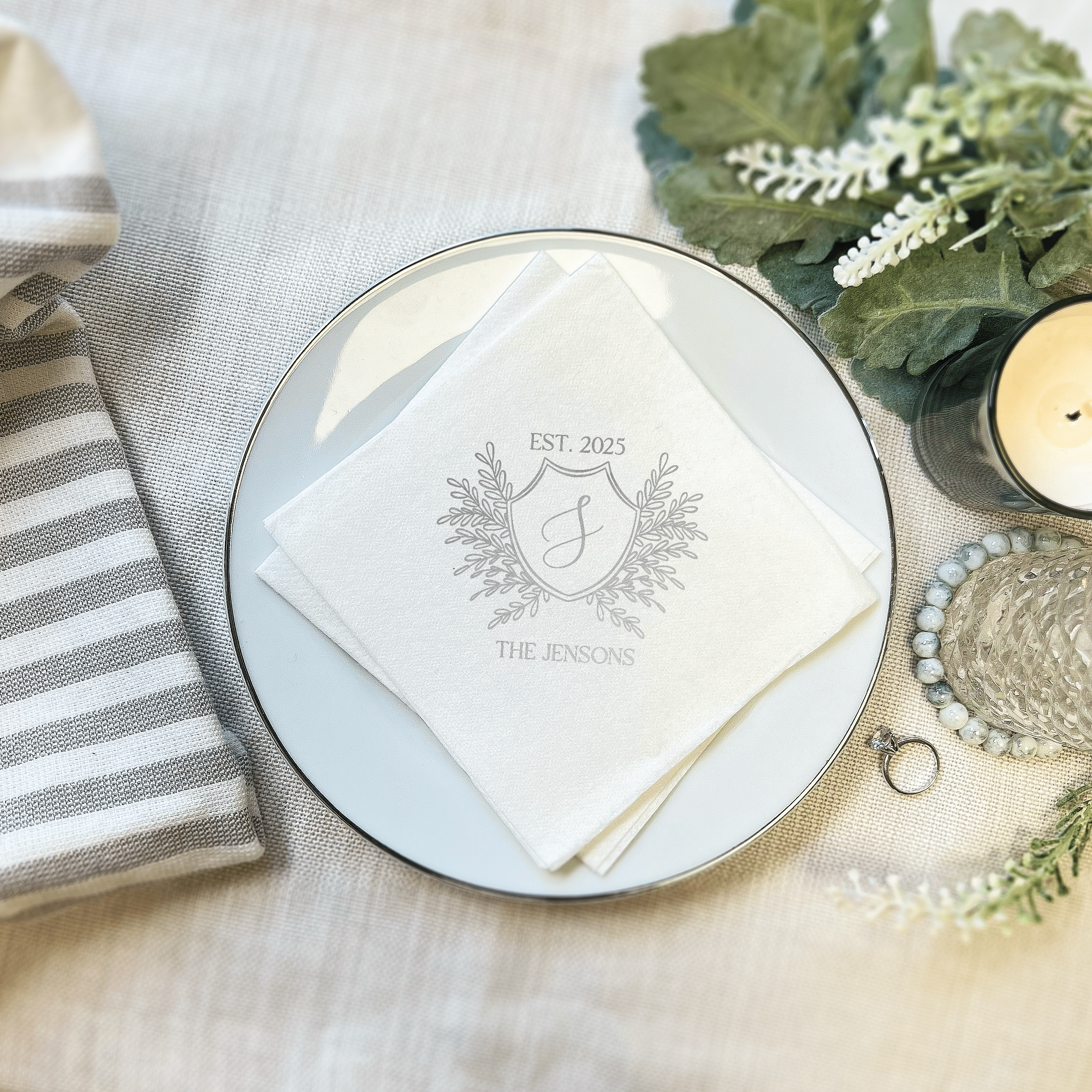 Custom Crest Wedding Premium Linun Uncoined Napkins - Napkins - Linun Foil Stamped