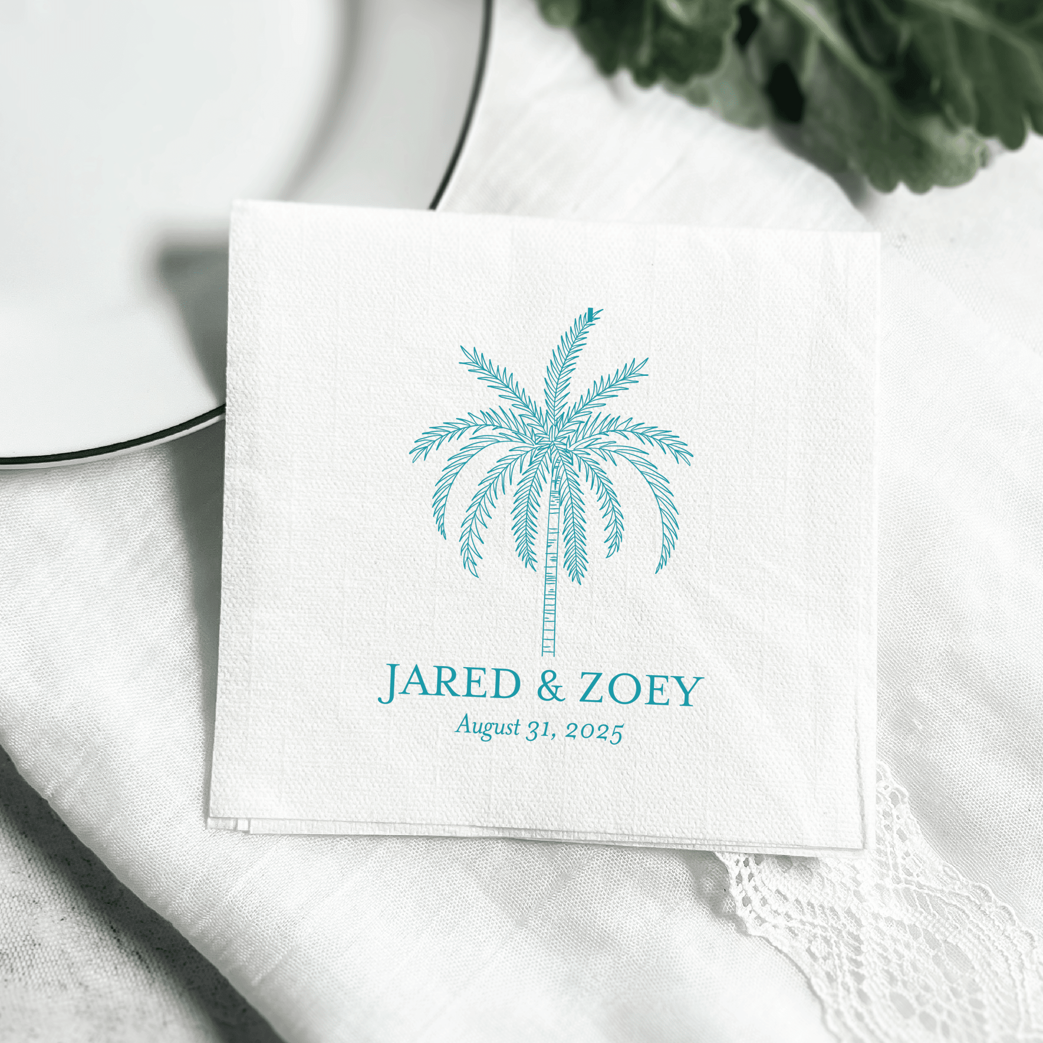 Palm Tree Wedding Premium Uncoined Napkins - Napkins - Linun Foil Stamped