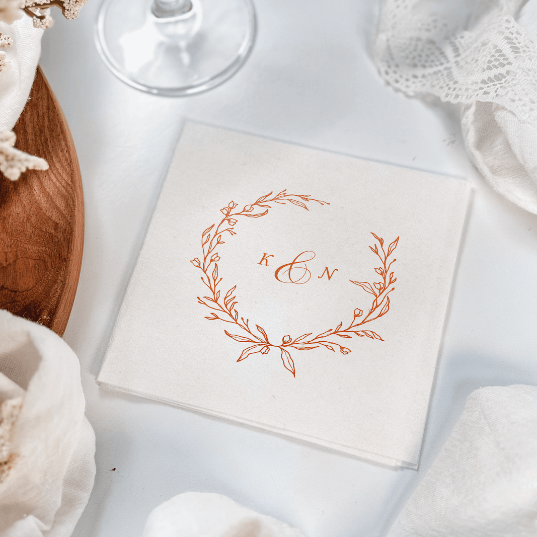 Personalized Wreath Monogram Cocktail Napkins | Premium Uncoined Napkins