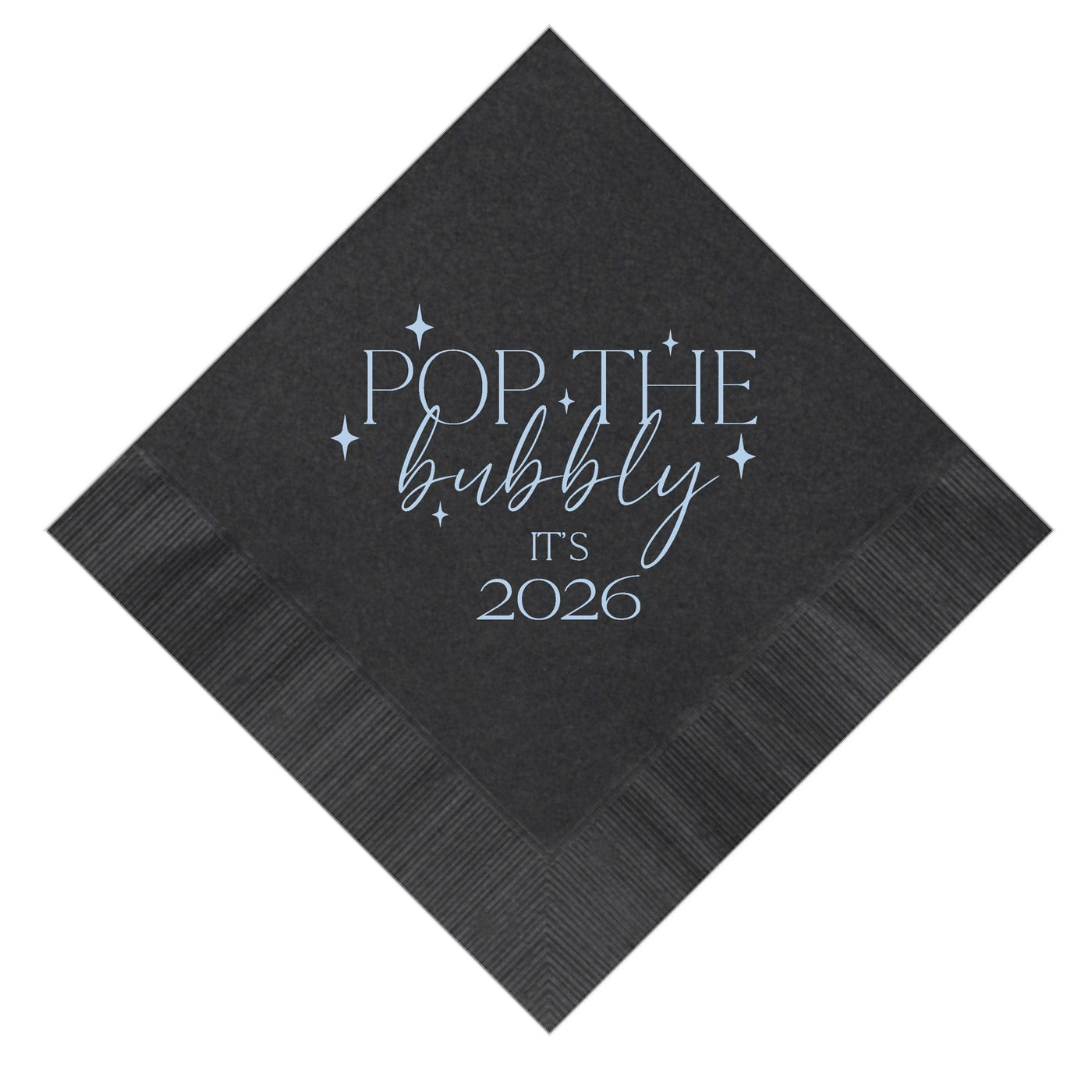 A dark gray folded paper napkin with a light blue graphic design featuring starburst accents, suitable for a festive occasion.